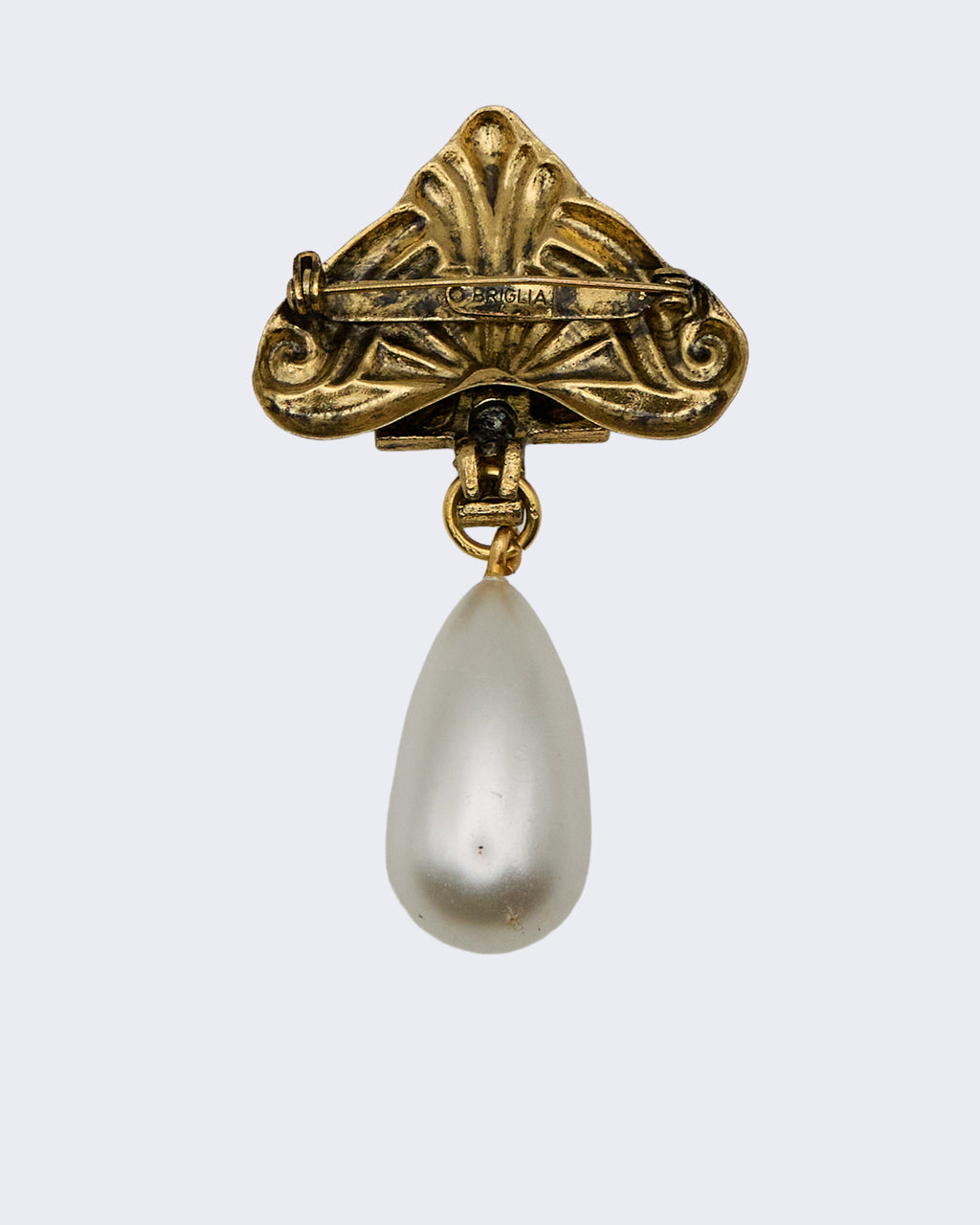 Spilla Luigi Briglia Vintage con Perla a Goccia e Cristalli – Anni ’80–’90