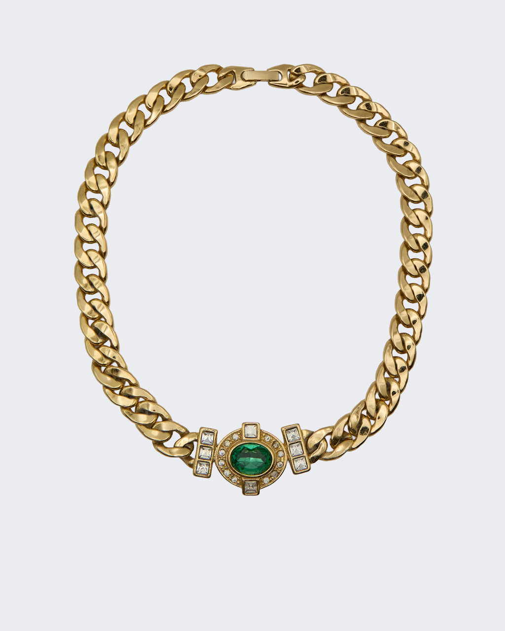 Collana vintage anni ’70 con smeraldo e diamanti, catena groumette spessa – Gioiello statement
