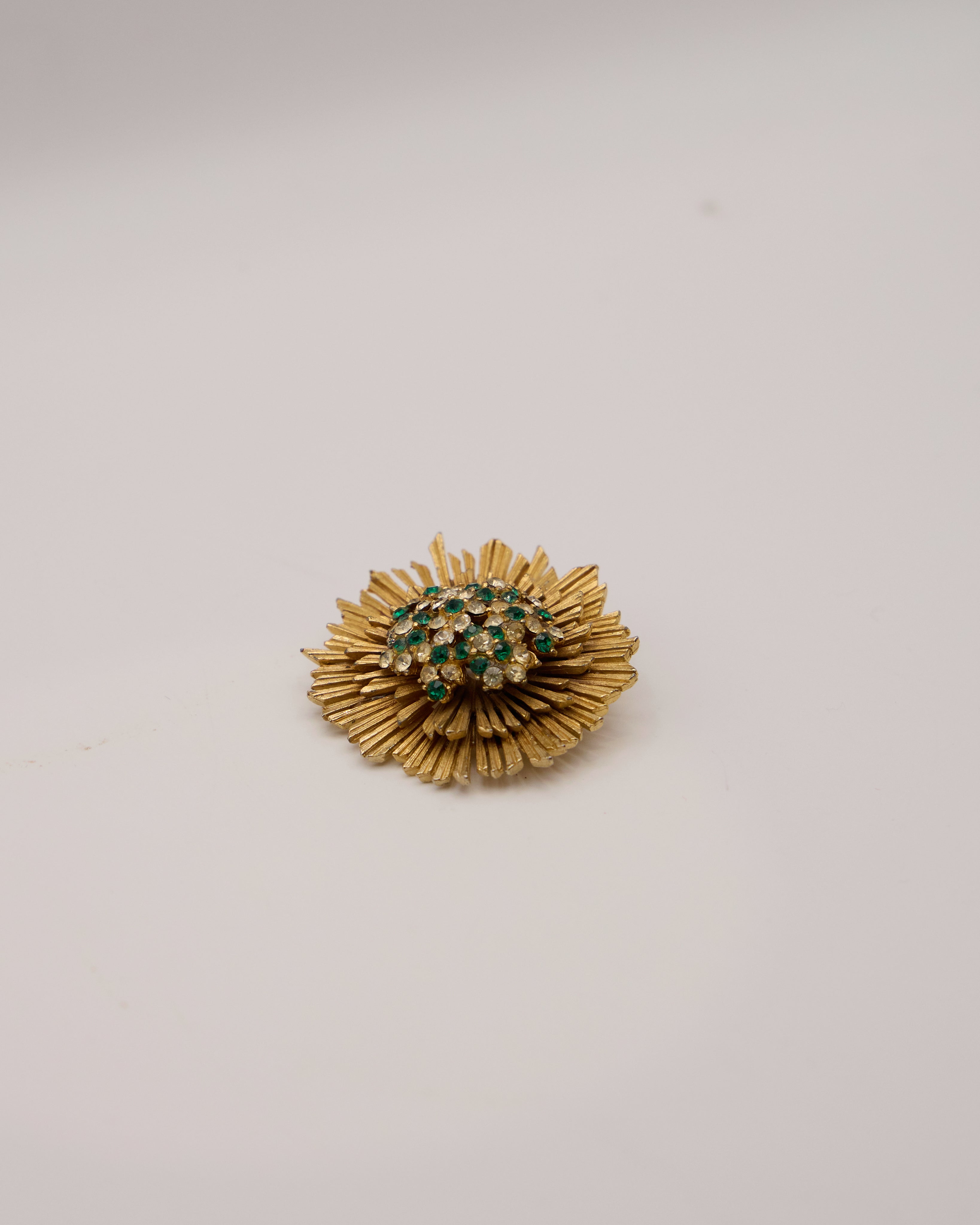 Vintage Sphinx Flower Brooch – Gold Metal with Clear and Green Rhinestones