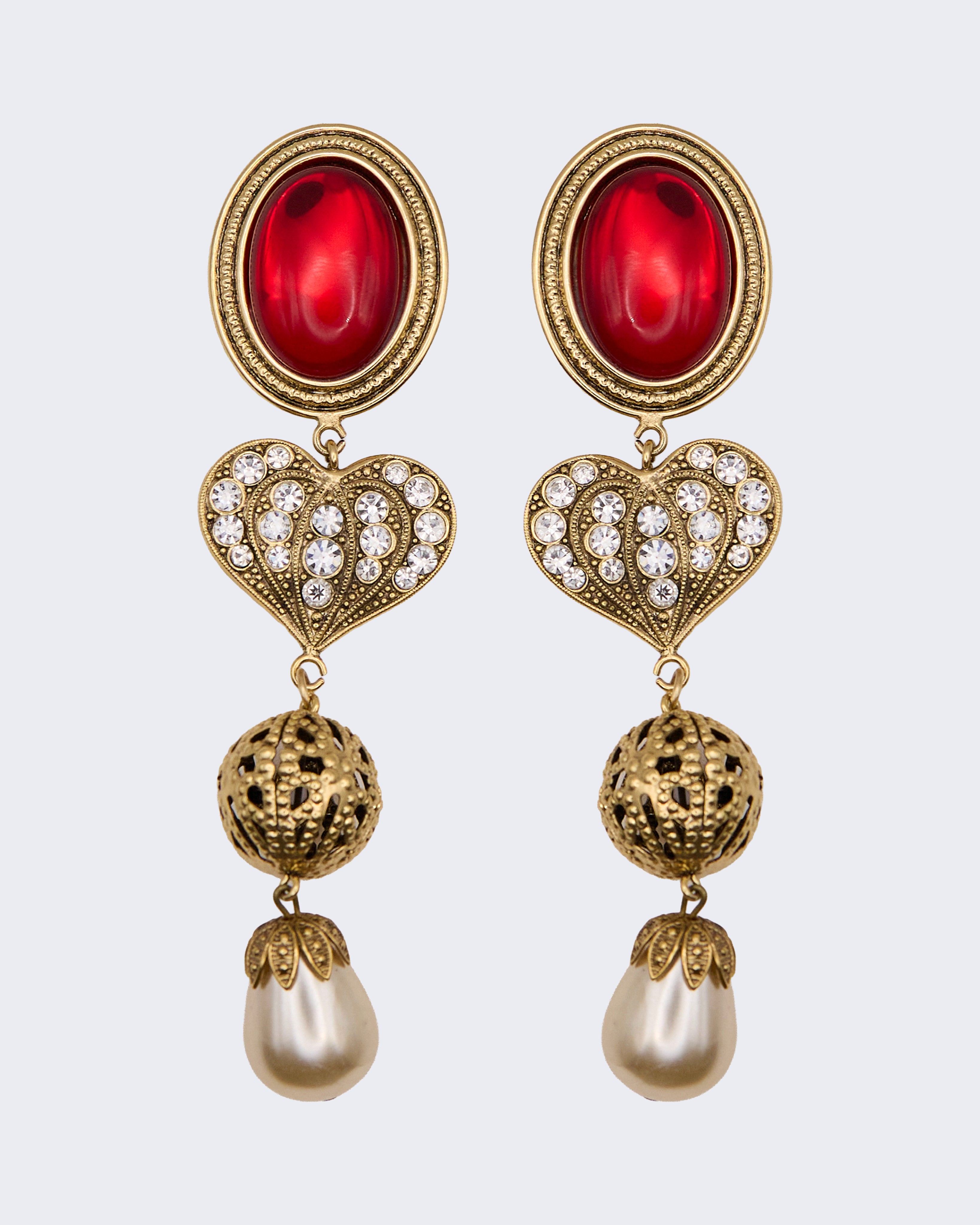 Orecchini Vintage firmati D’Angelo Cuore Sacro Rosso e Perle – Clip Statement Barocco