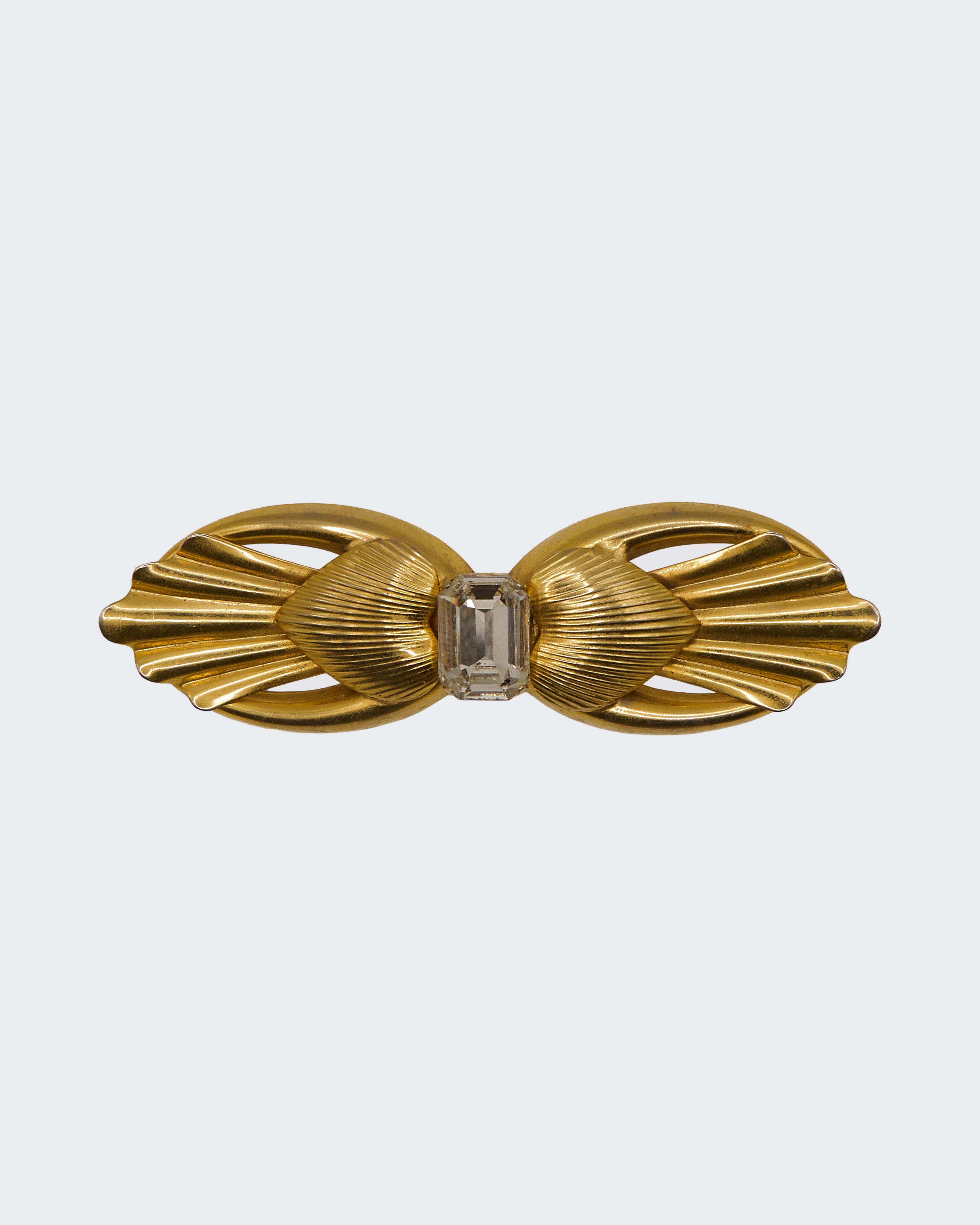 Spilla Fiocco Vintage Art Déco Placcata Oro con Cristallo Centrale – Anni ’40–’50