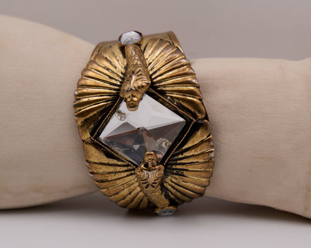 Bracciale Vintage Rigido Dorato con Maxi Cristallo Geometrico Art Déco