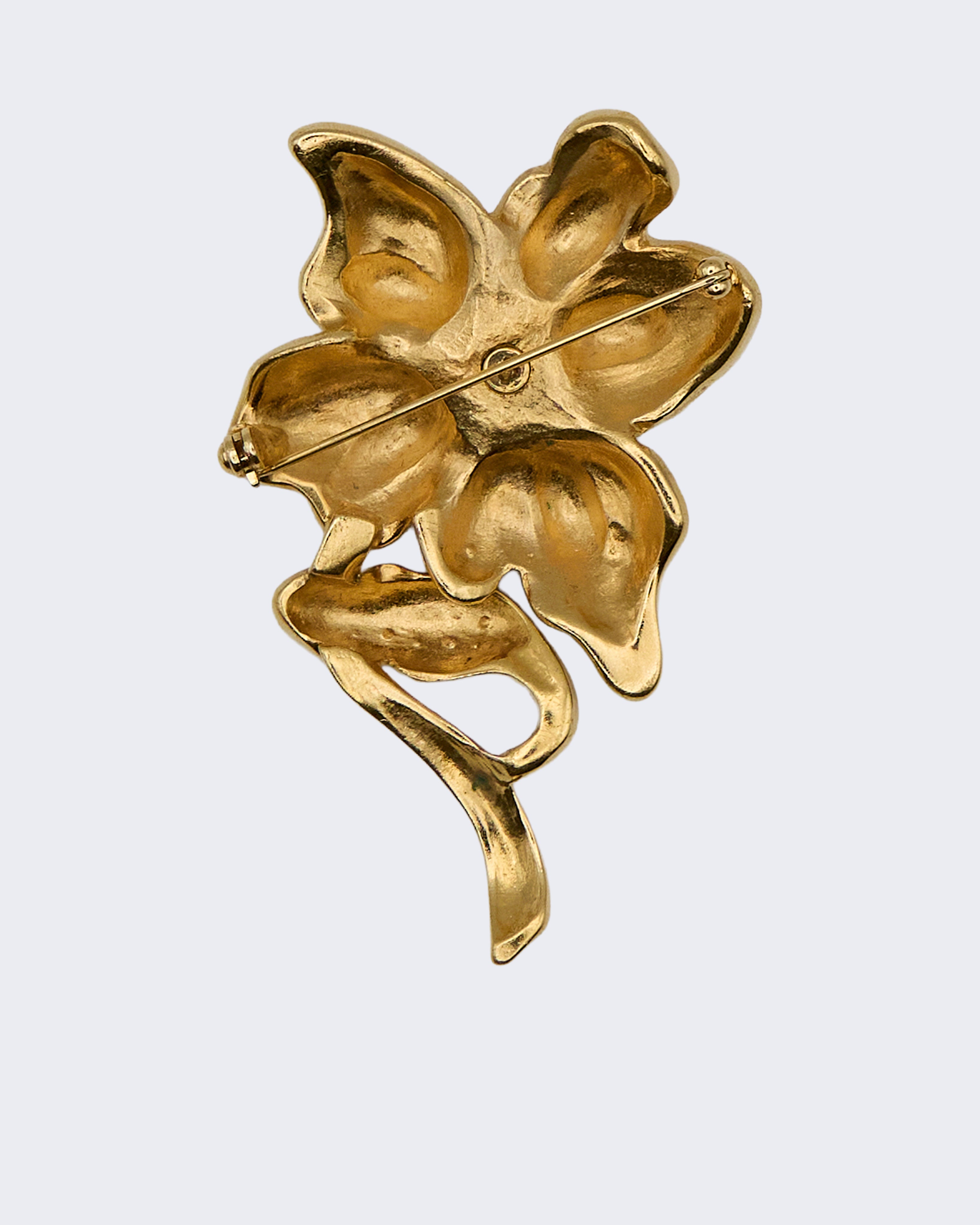 Vintage Gold Plated Floral Brooch with White and Amber Rhinestones – 1960s