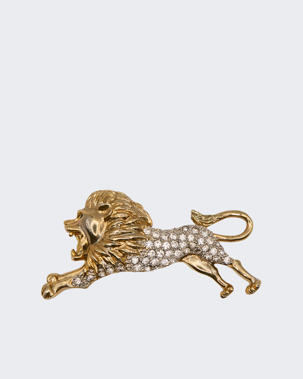 Spilla Vintage a Forma di Leone in Metallo Dorato e Cristalli