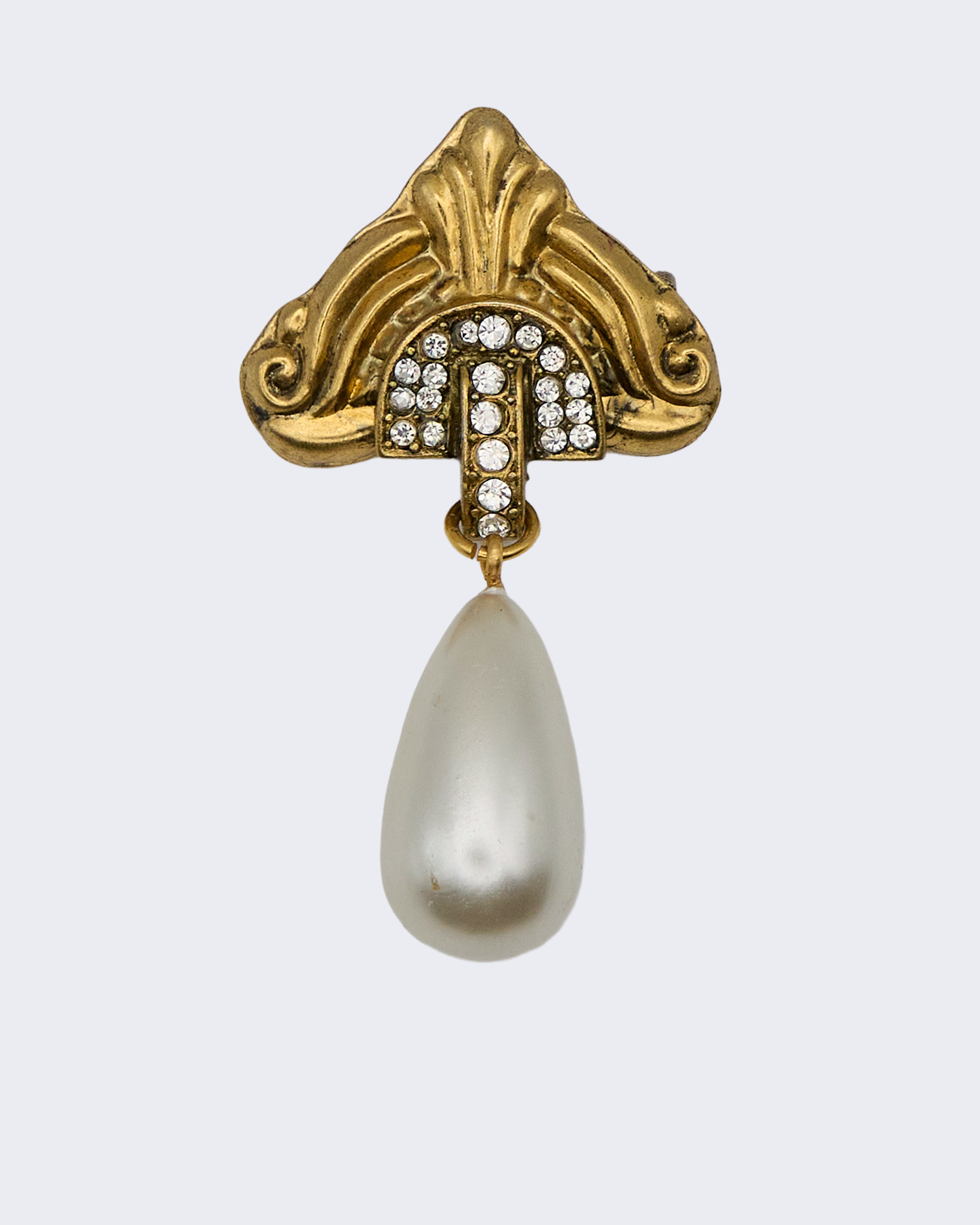 Spilla Luigi Briglia Vintage con Perla a Goccia e Cristalli – Anni ’80–’90