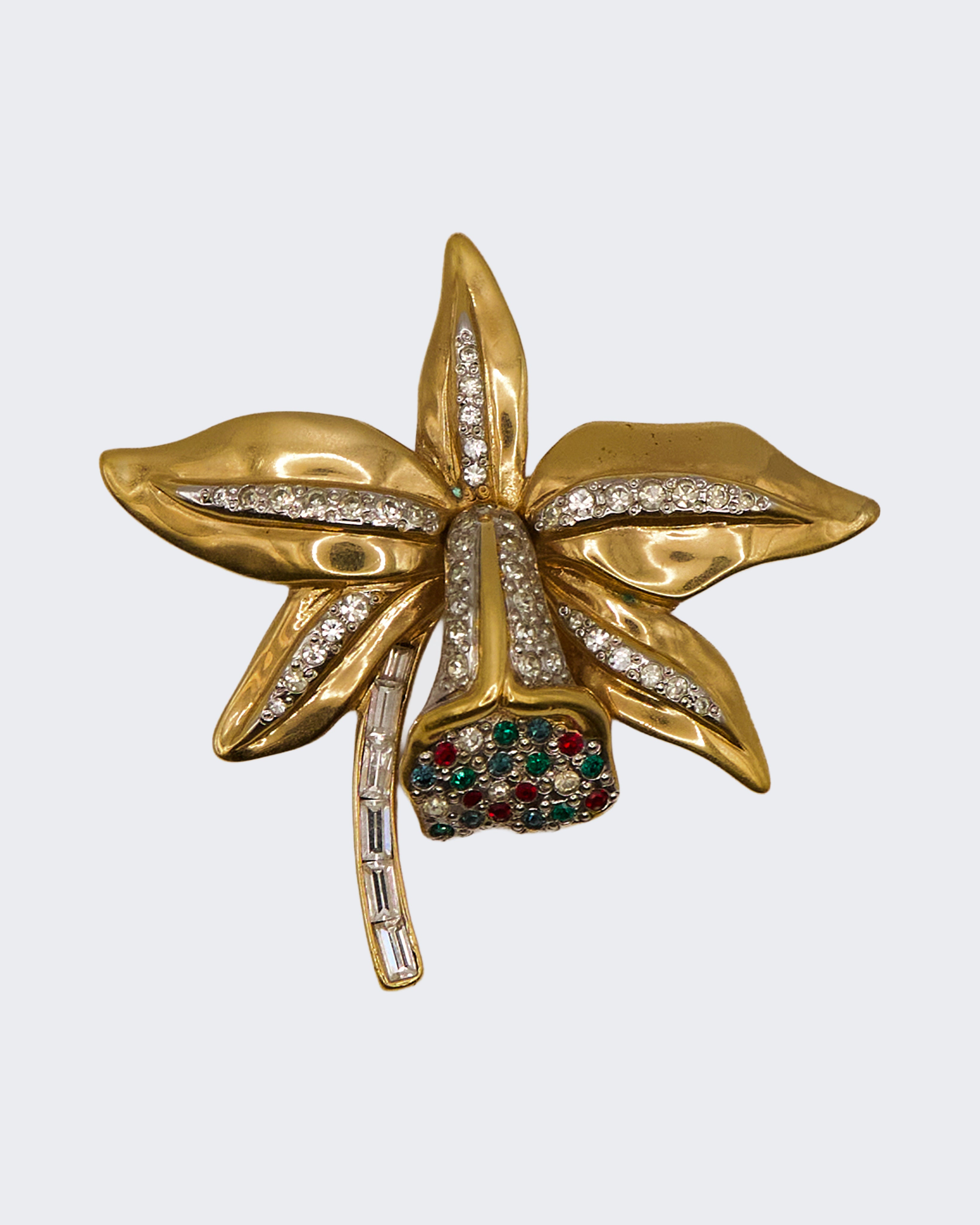 Spilla Orchidea Vintage Dorata con Strass e Pietre Colorate – Bigiotteria di Alta Qualità Anni ’80
