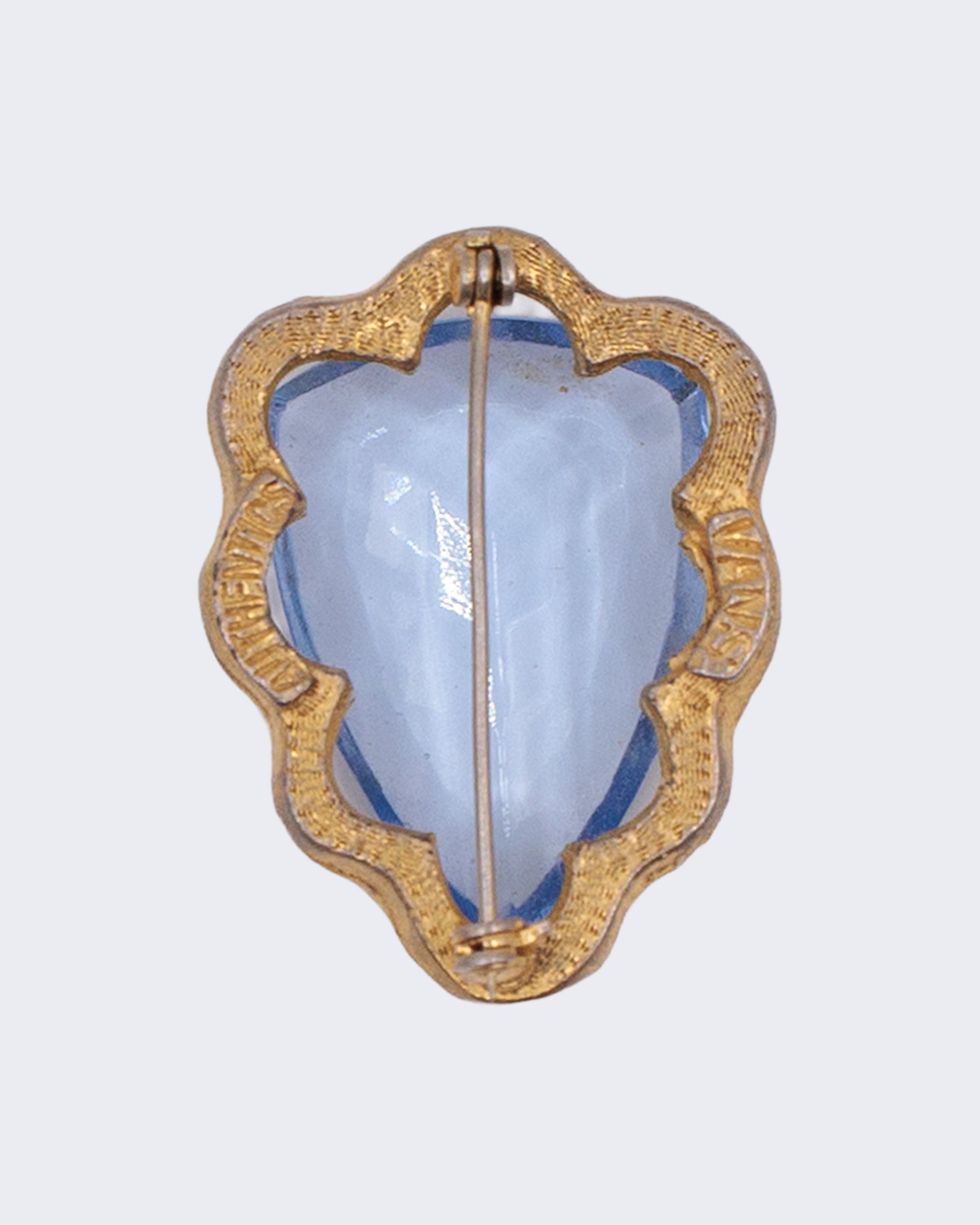 Spilla Vintage Western Germany con Grande Pietra Azzurra – Brooch Dorata Anni ‘60 con Cristallo