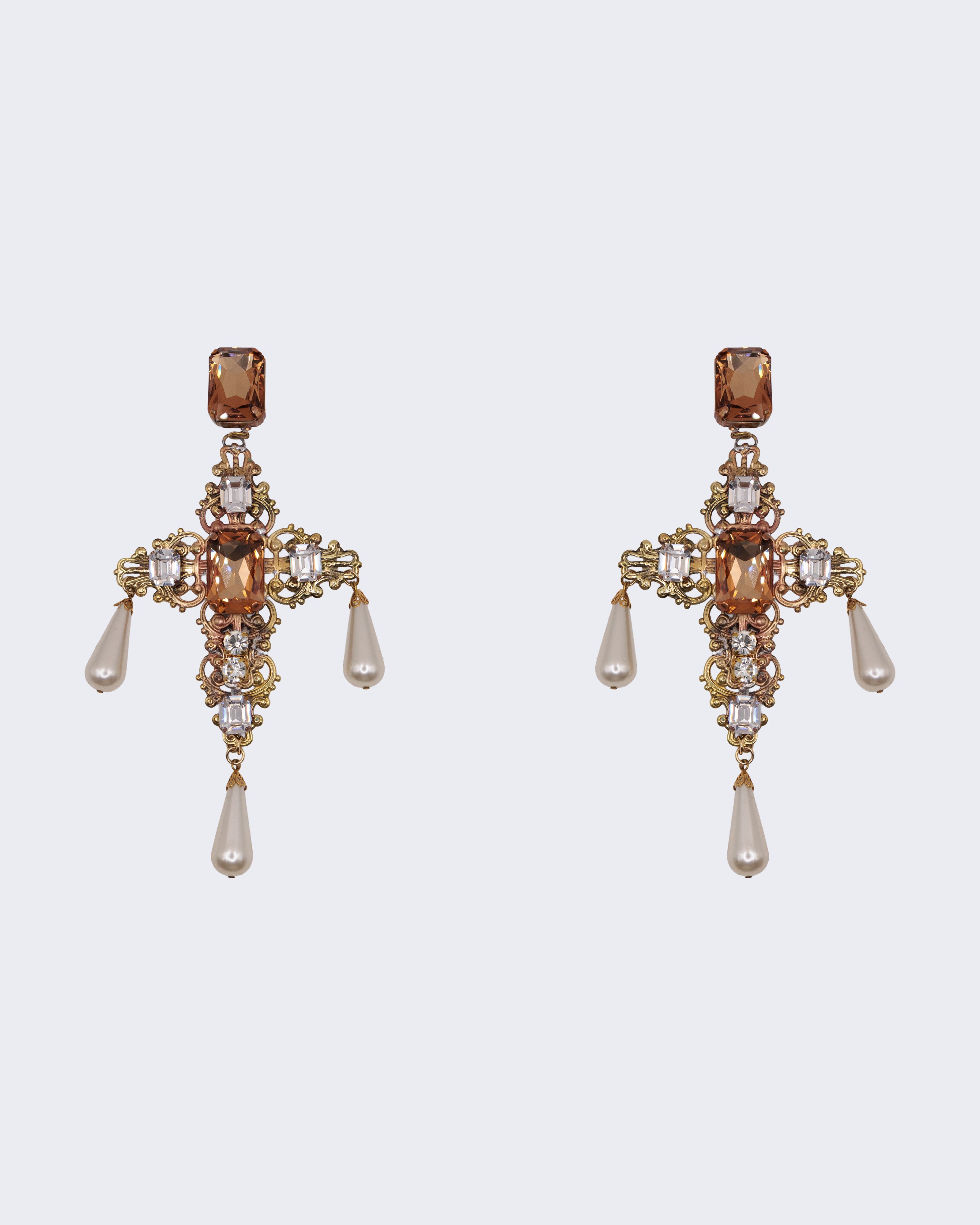 Orecchini Vintage Croce Barocca Oro con Cristalli Ambra e Perle – Statement Earrings