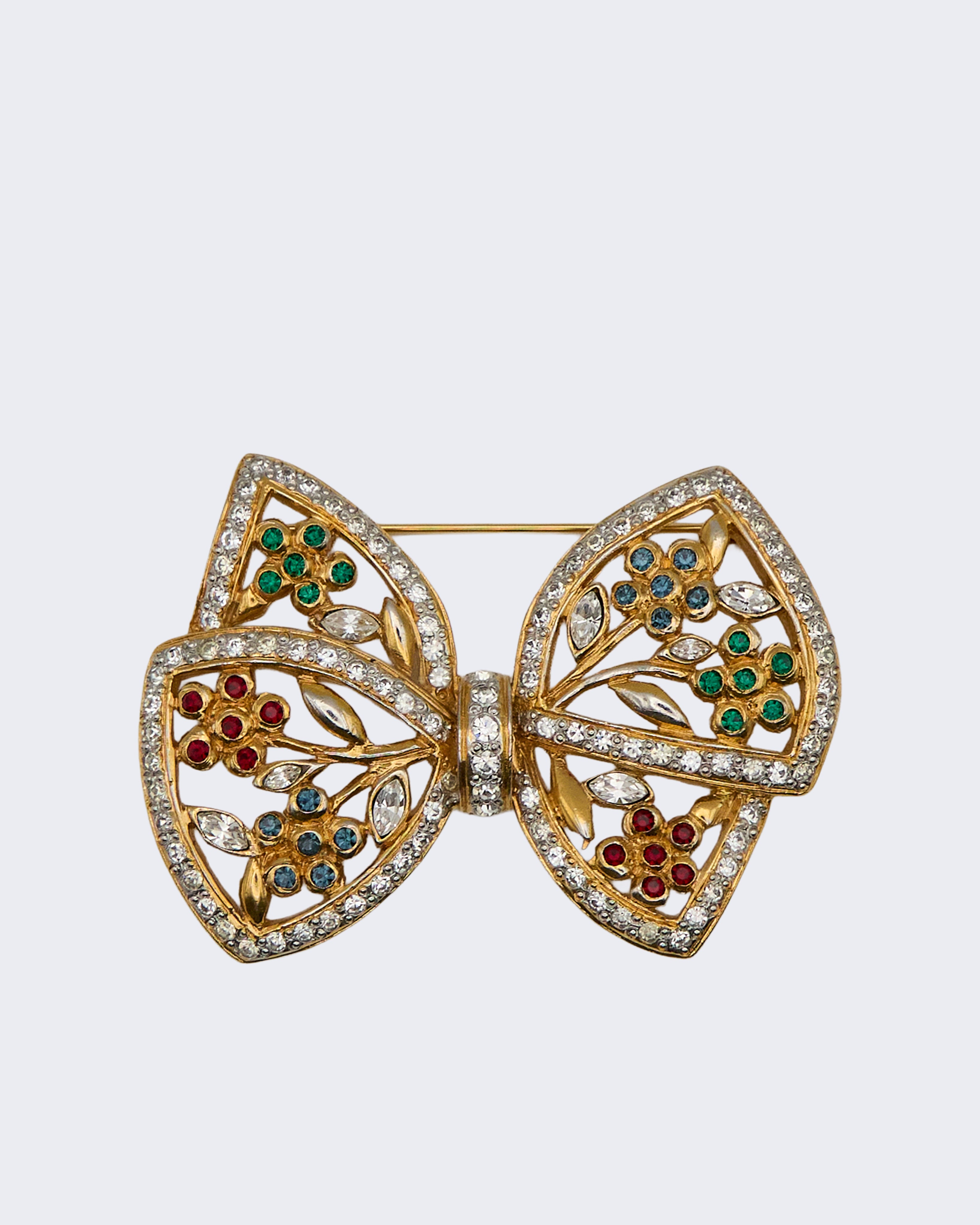 Vintage Gold Metal Multicolor Rhinestone Bow Brooch – 1980s–1990s
