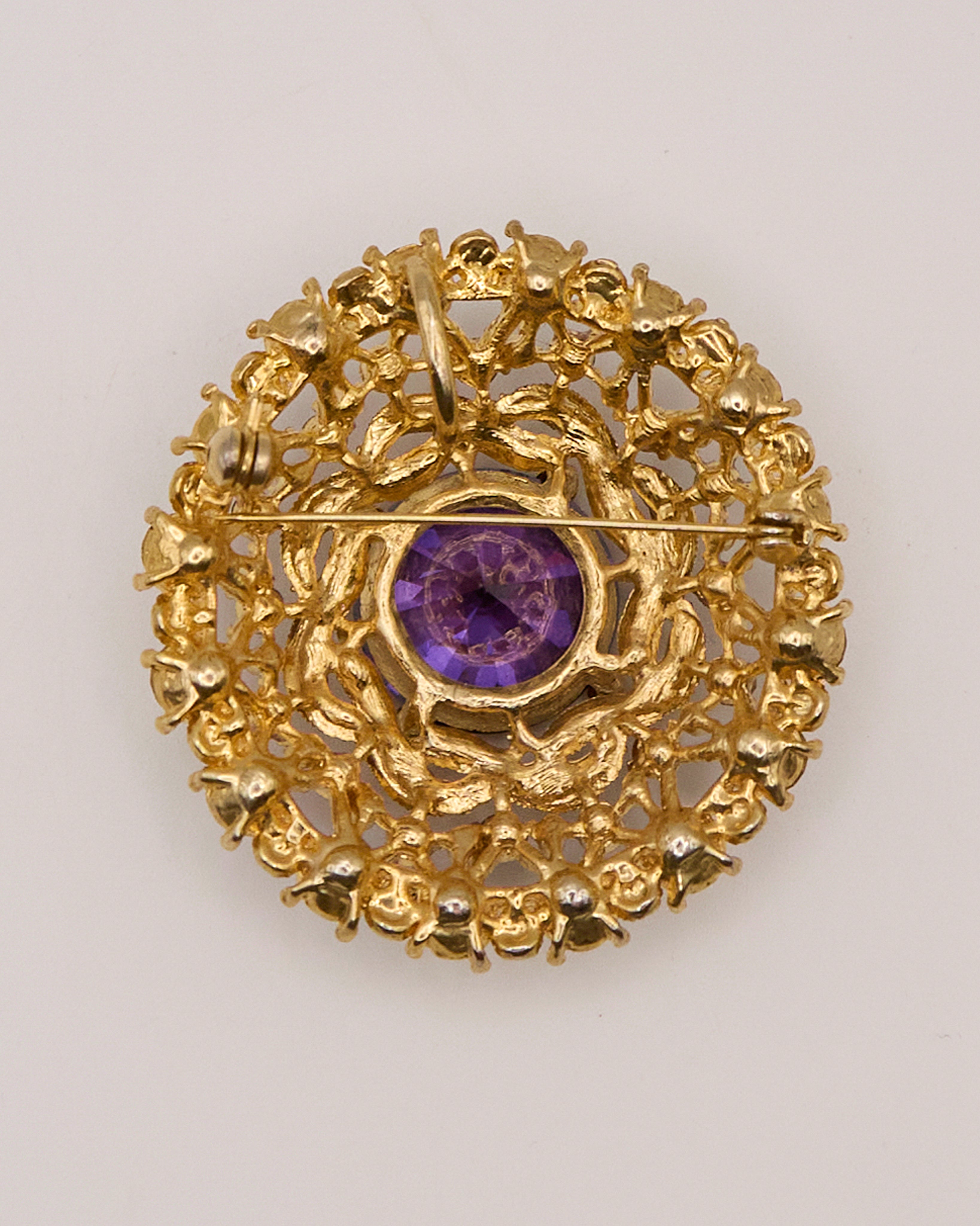 Vintage Gold Plated Brooch with Purple Crystal and Multicolored Rhinestones