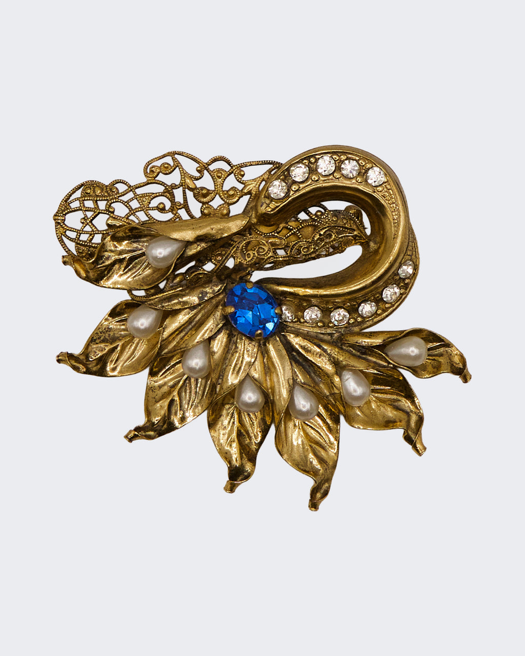 Spilla Vintage Luigi Briglia Floreale con Strass Blu e Perle – Metallo Dorato