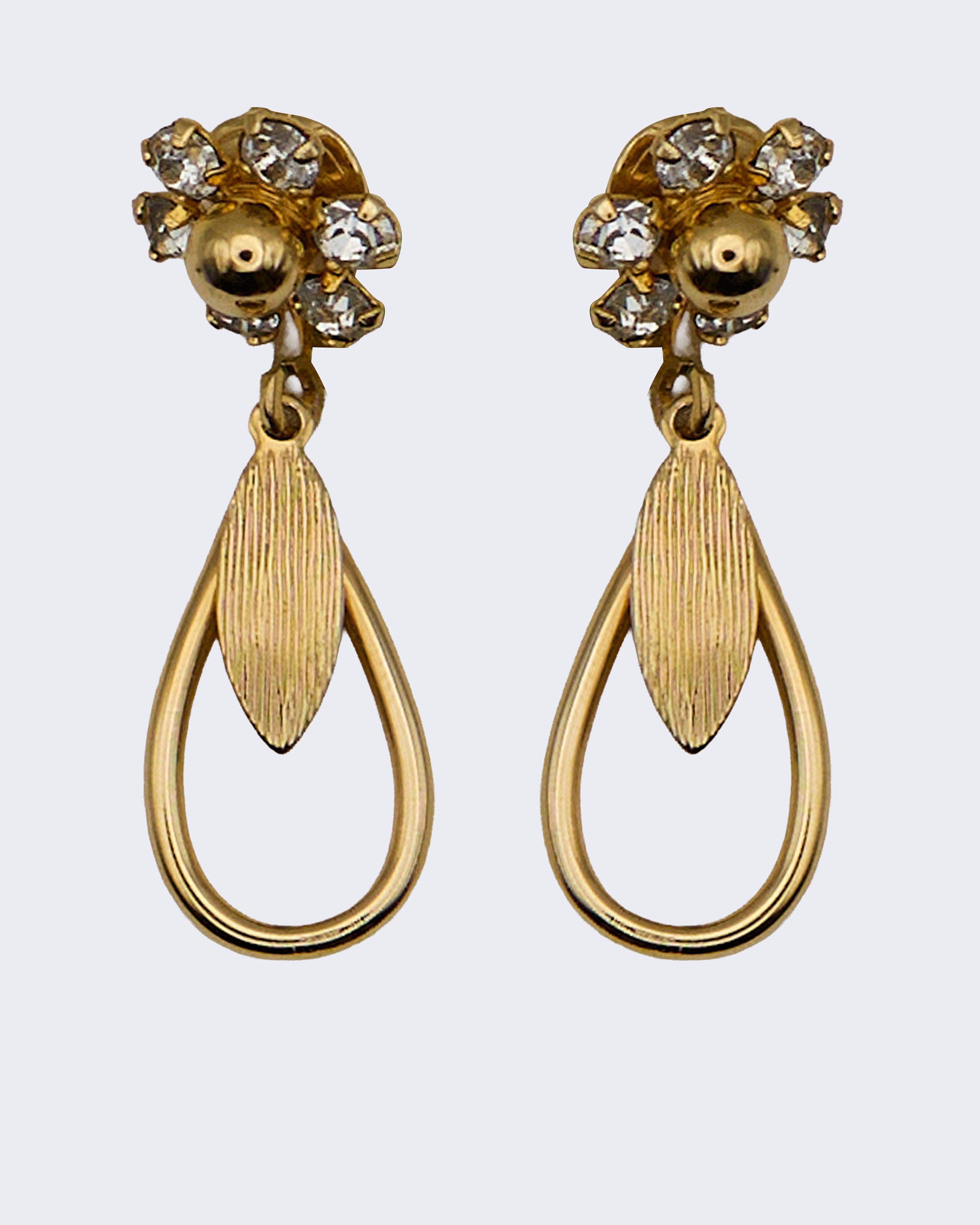 Orecchini Pendenti Vintage Floreali con Pietre Trasparenti Incastonate – Metallo Color Oro, Stile Retrò