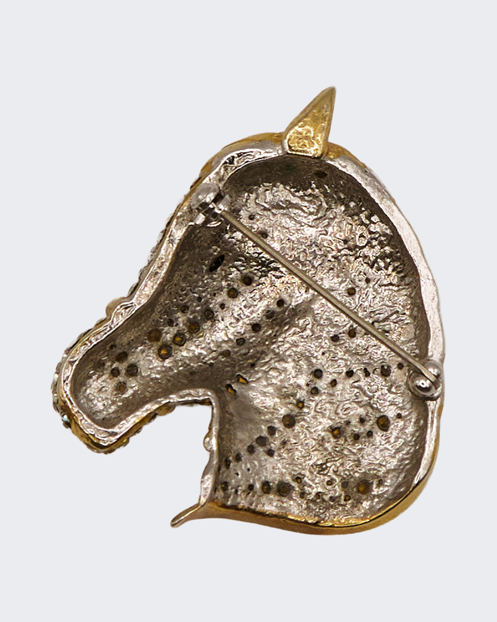 Spilla Vintage Testa di Cavallo Dorata con Strass – Bigiotteria Anni ’40–’80, 5,3 cm