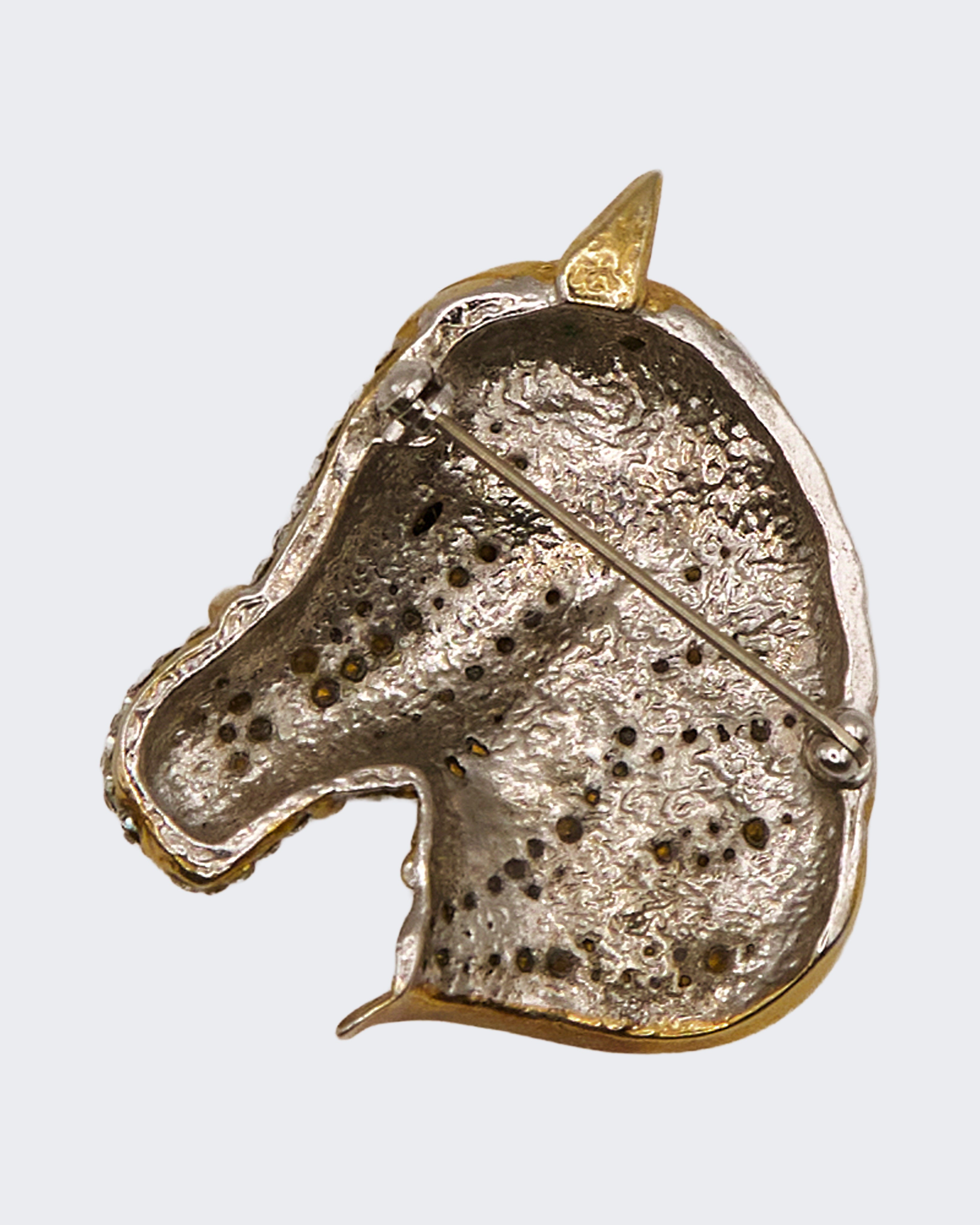 Spilla Vintage Testa di Cavallo Dorata con Strass – Bigiotteria Anni ’40–’80, 5,3 cm