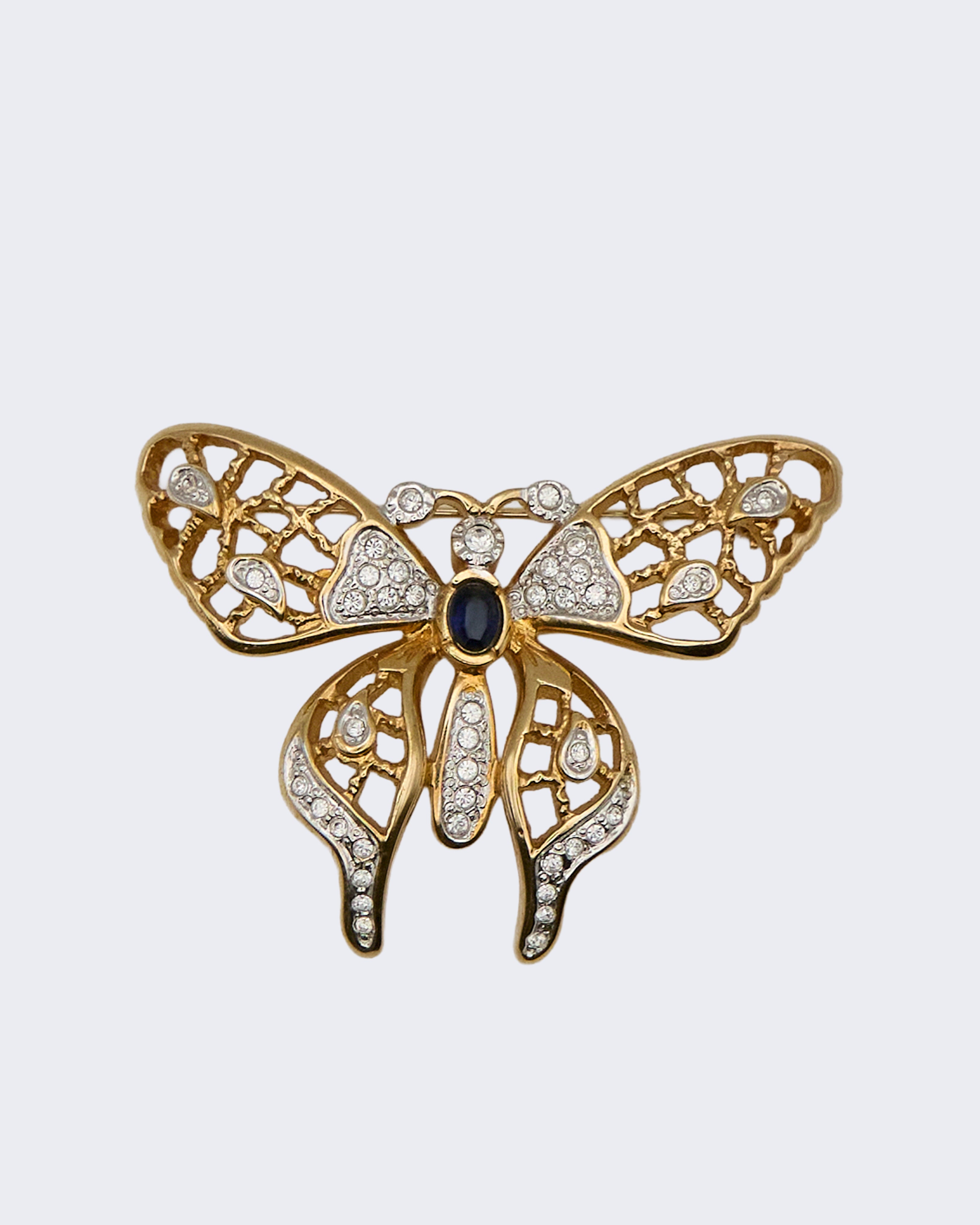 Vintage Gold-Plated Butterfly Brooch with Rhinestones and Center Stone – 1970s