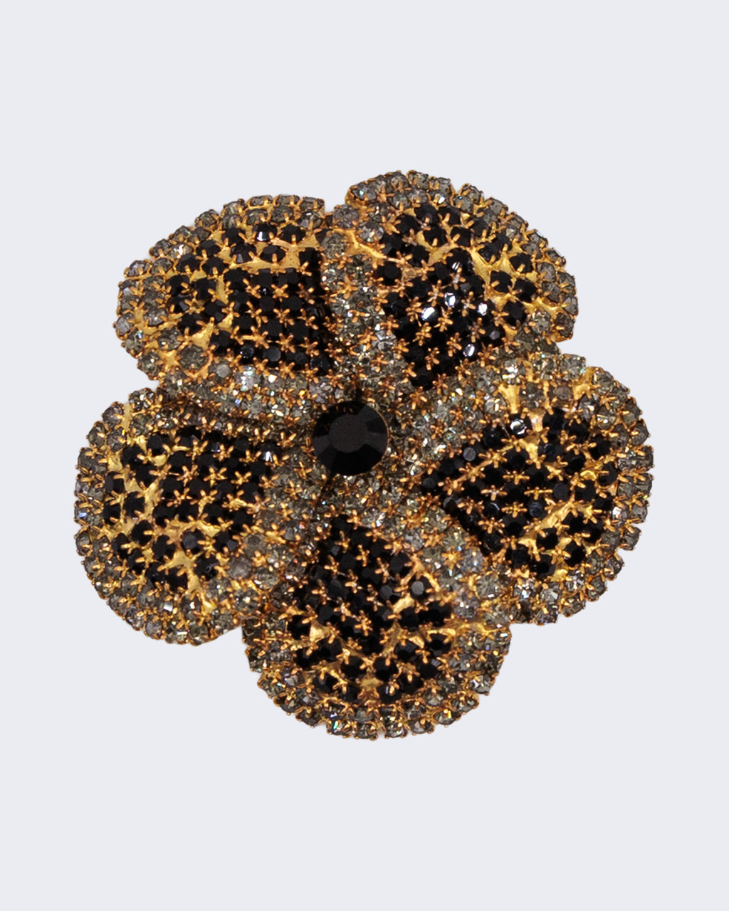 Spilla vintage a fiore con strass neri e cristalli trasparenti, design elegante anni ’50