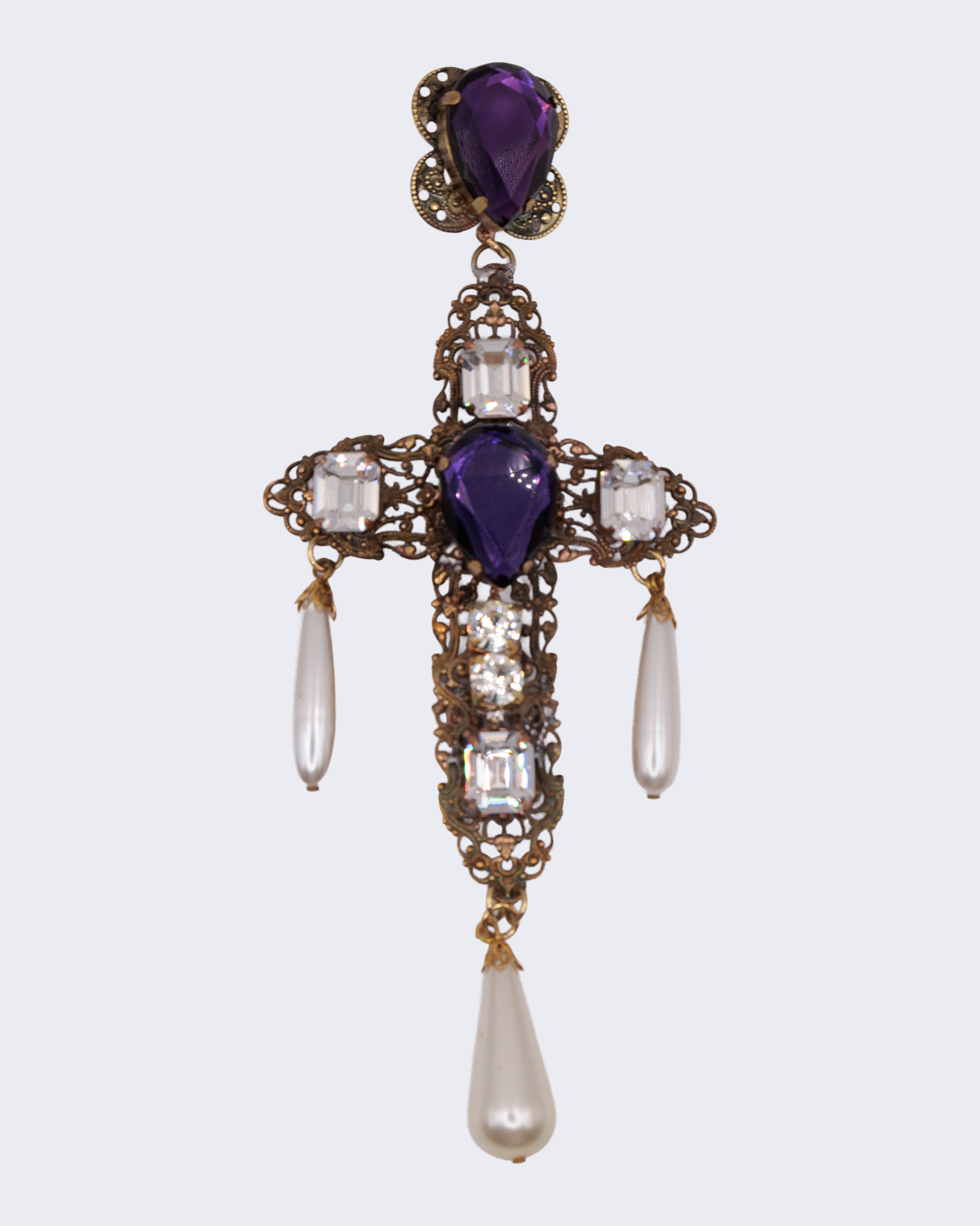 Orecchini Vintage a Croce con Pietre Viola e Perle – Orecchini Barocchi Pendenti Statement