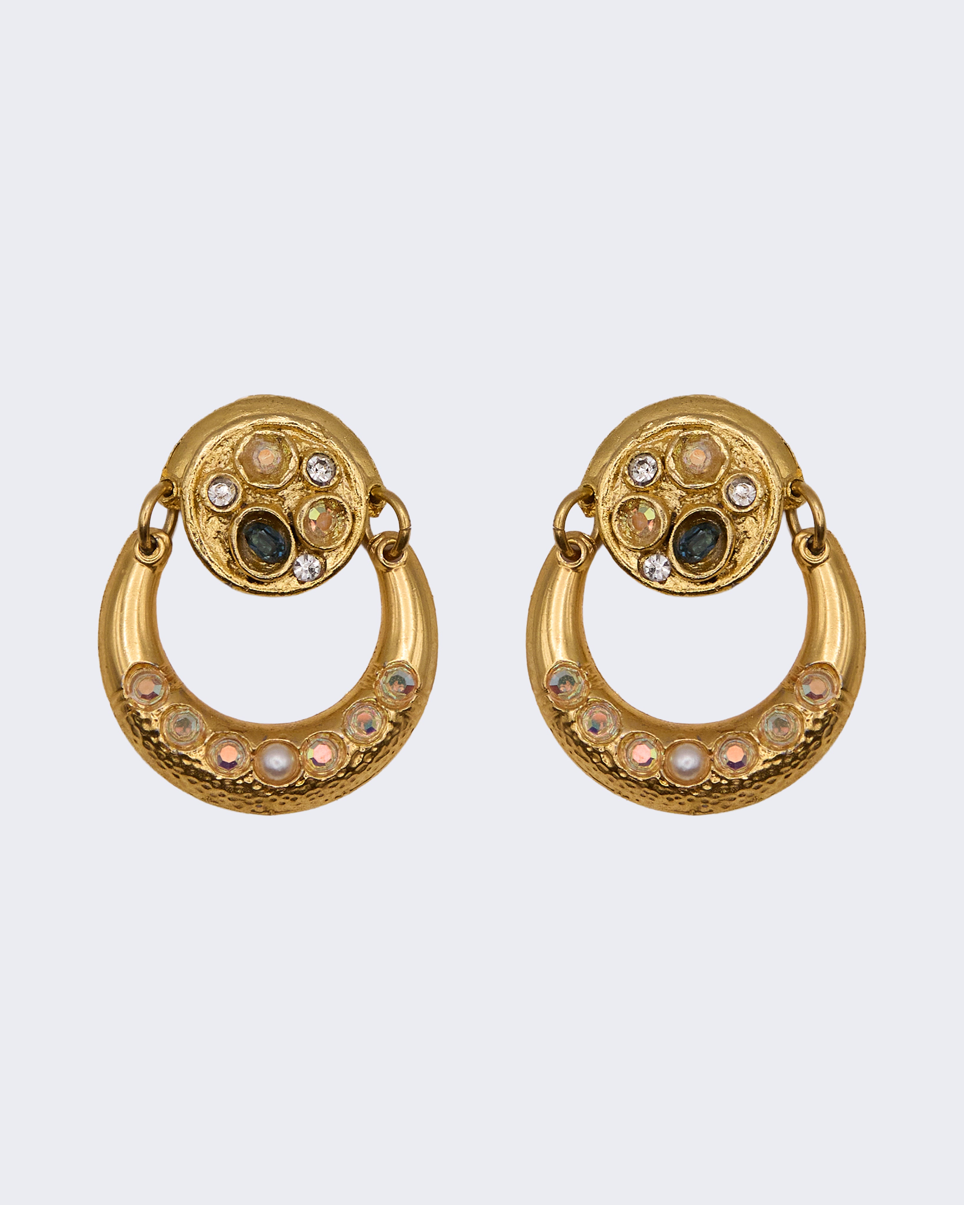 Orecchini Vintage Dorati a Mezzaluna con Cristalli Iridescenti – Anni 80