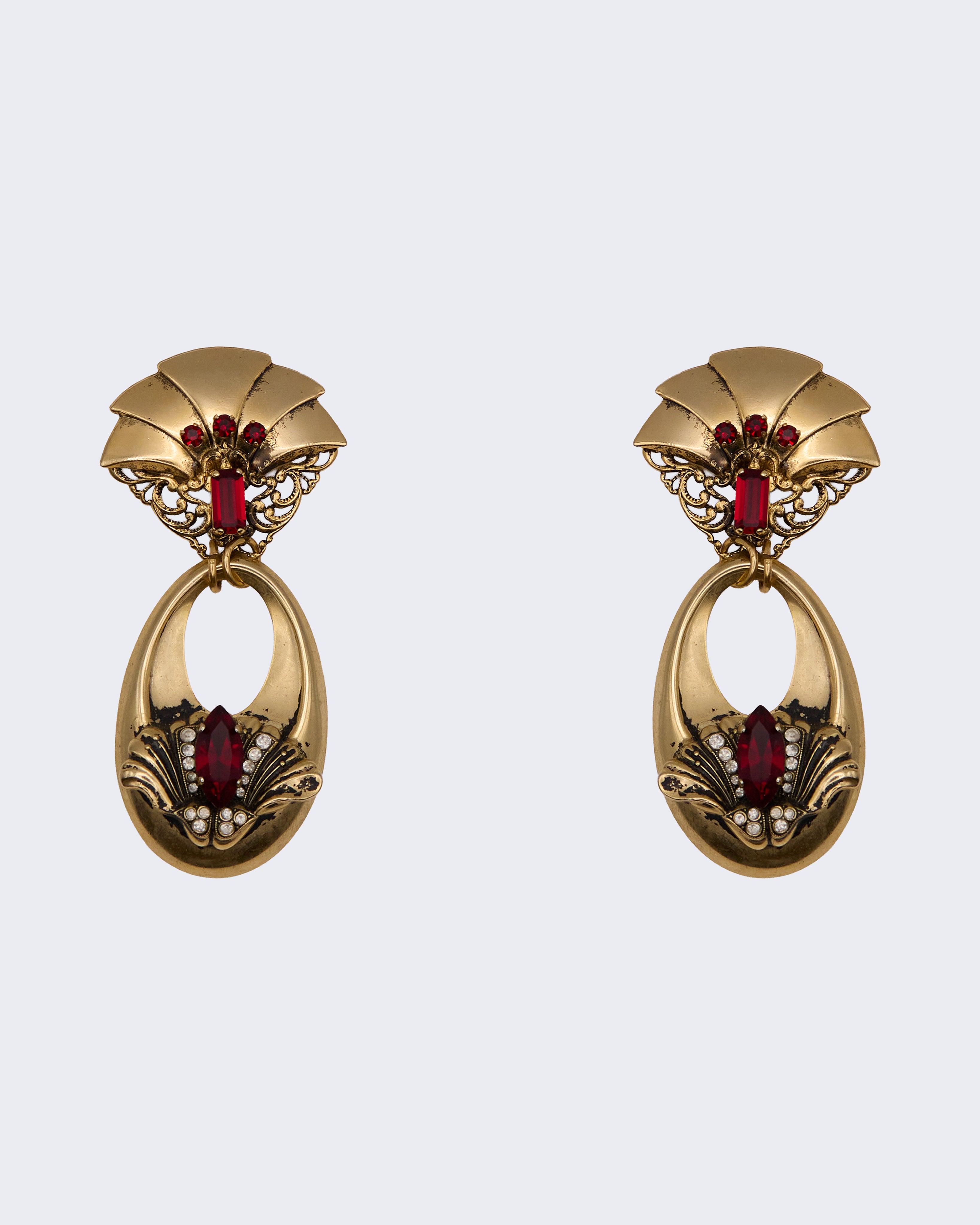 Orecchini Vintage Dorati con Pietre Rosse Stile Art Déco – Anni 80