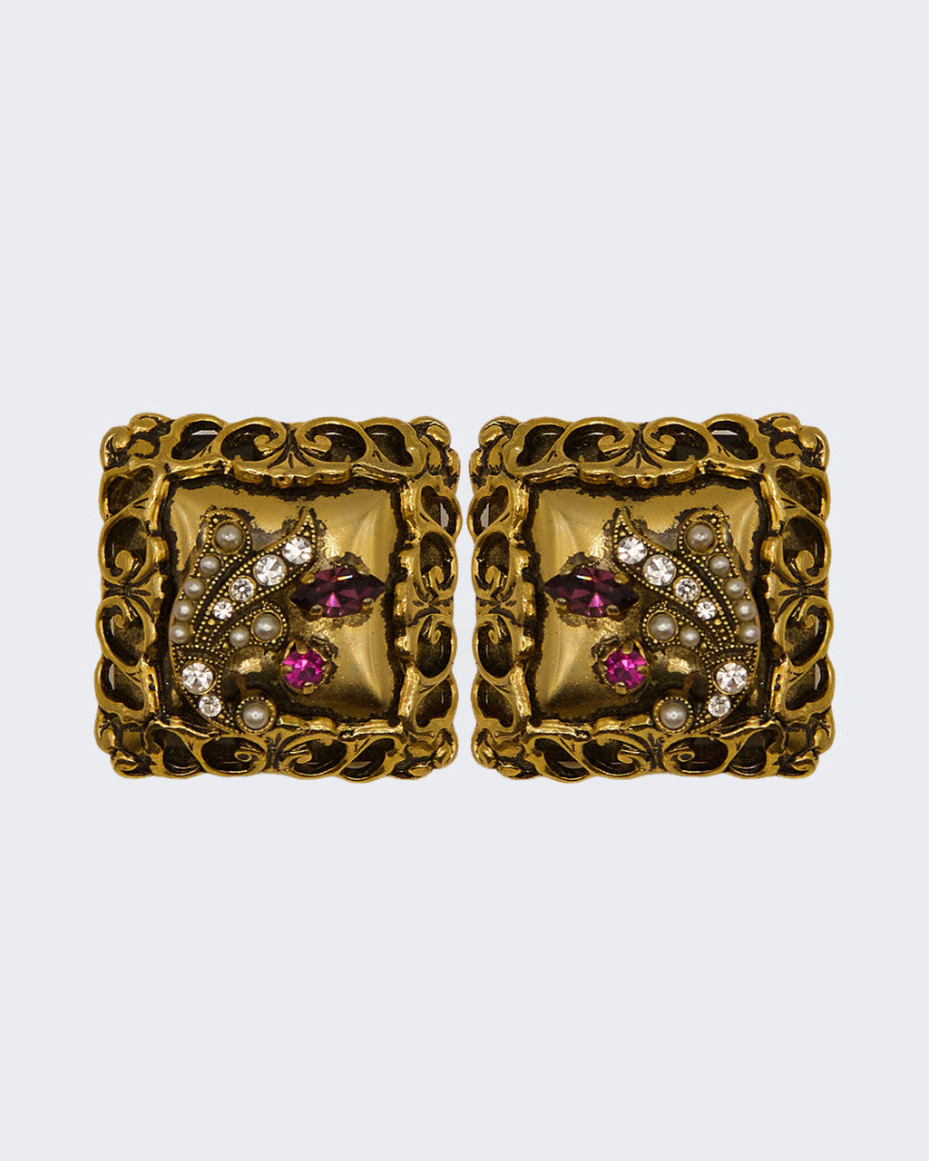 Orecchini Vintage Quadrati a Clip – Metallo Dorato, Strass e Perle Sintetiche