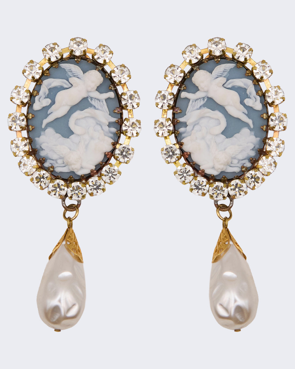 Orecchini Vintage Cameo Angeli e Perle Pendenti – Clip Strass Stile Barocco