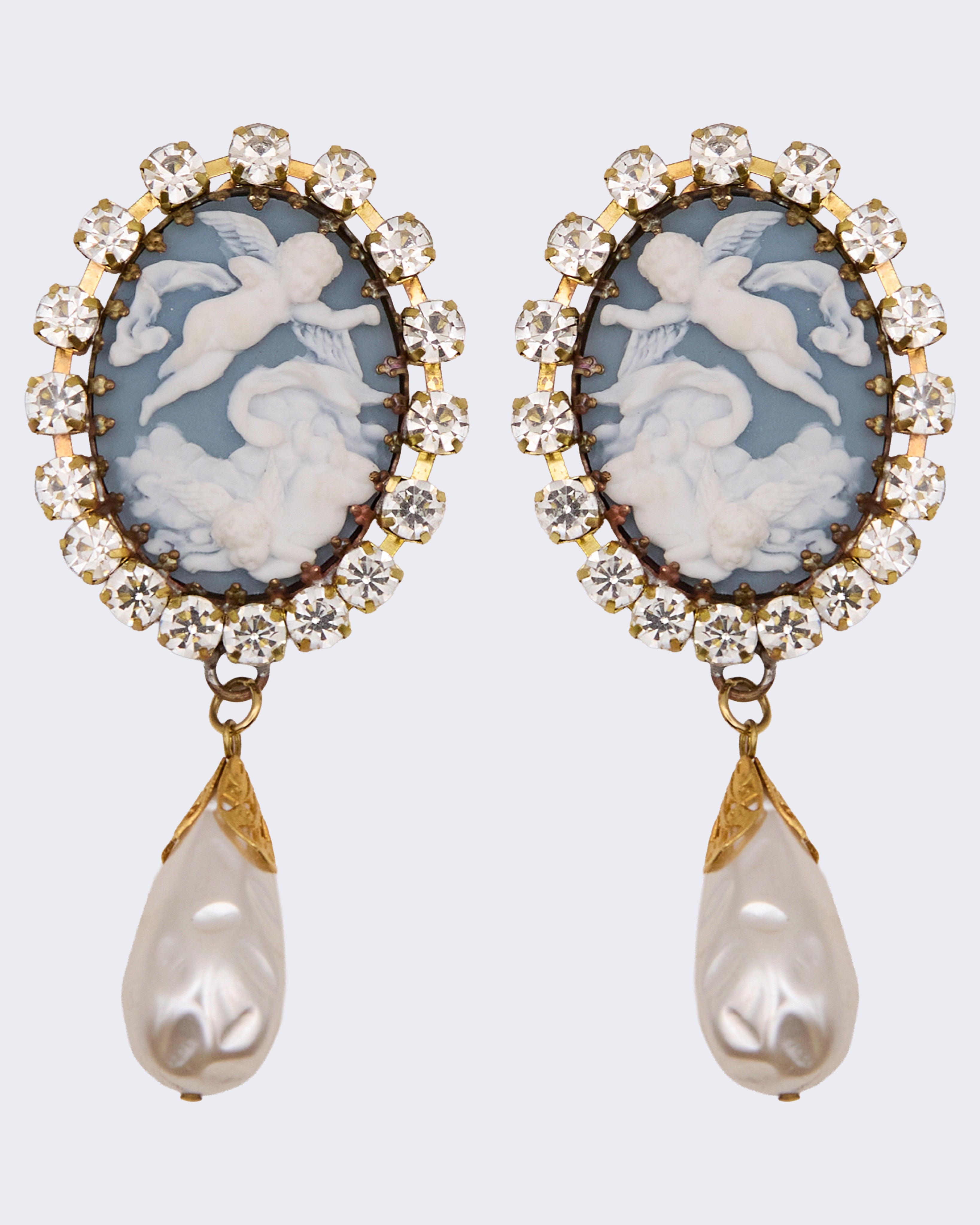 Orecchini Vintage Cameo Angeli e Perle Pendenti – Clip Strass Stile Barocco
