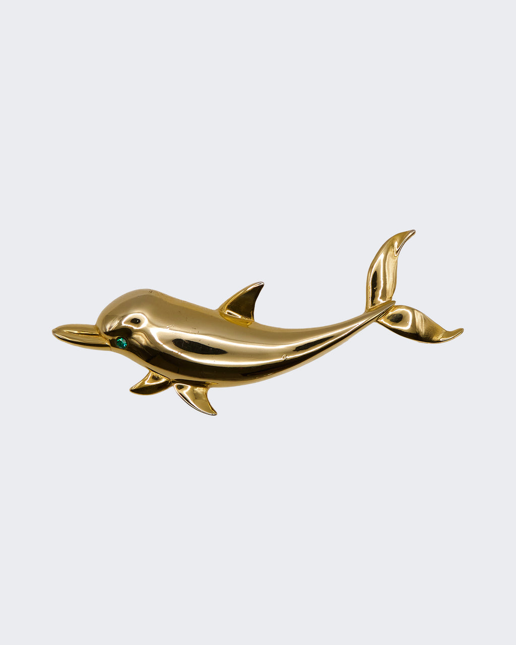 Spilla Delfino Dorata con Cristallo Verde – Gioiello Animalier Vintage Elegante