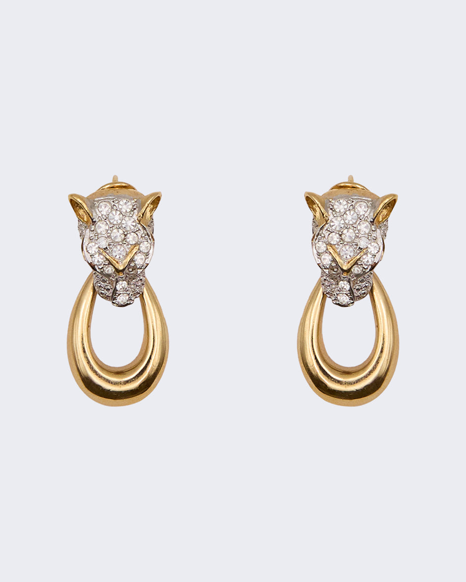 Orecchini Vintage Pantera con Strass e Dettagli Dorati