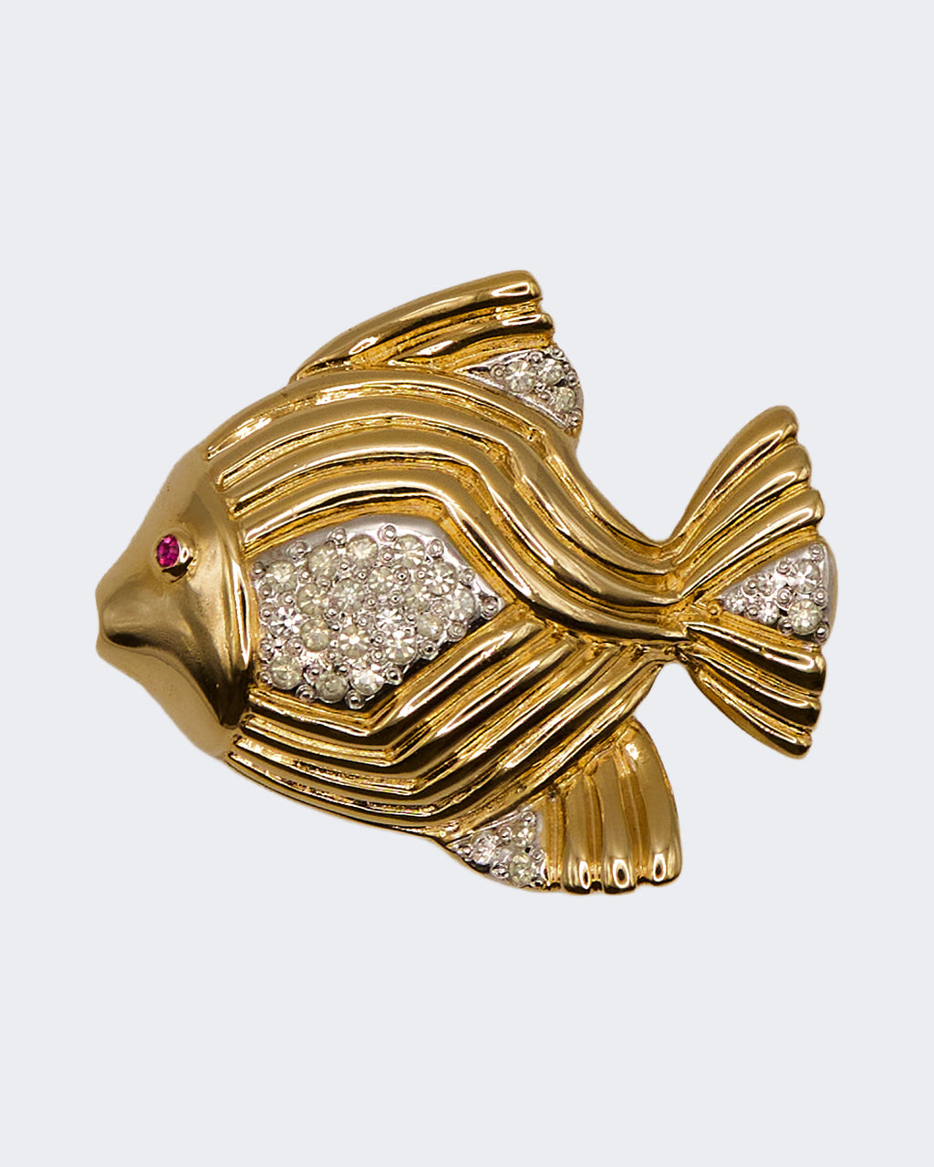 Spilla Pesce Vintage Dorata con Strass e Cabochon Rosso – Bigiotteria Anni ’40–’70