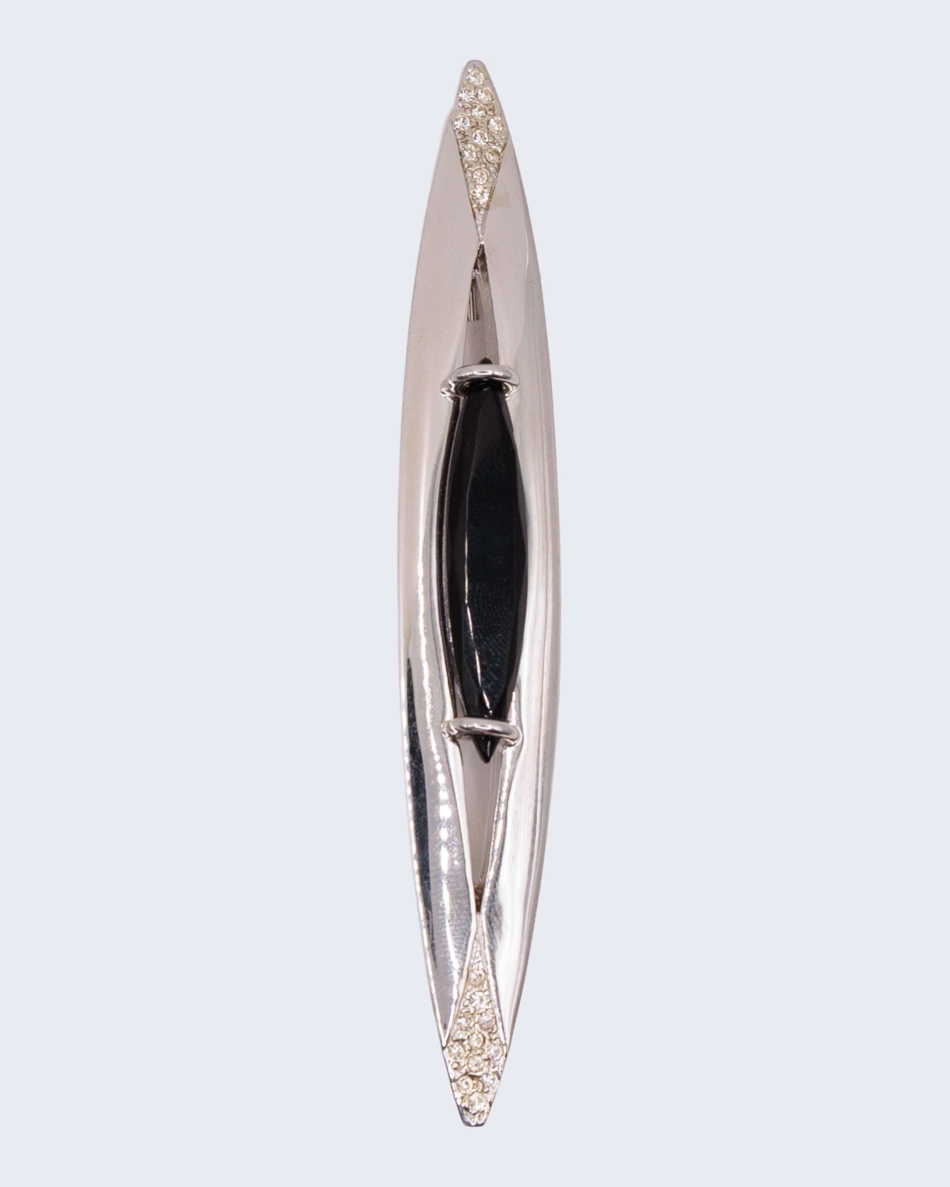 Spilla vintage lunga argentata con pietra nera e pavé di strass, design moderno anni ’80
