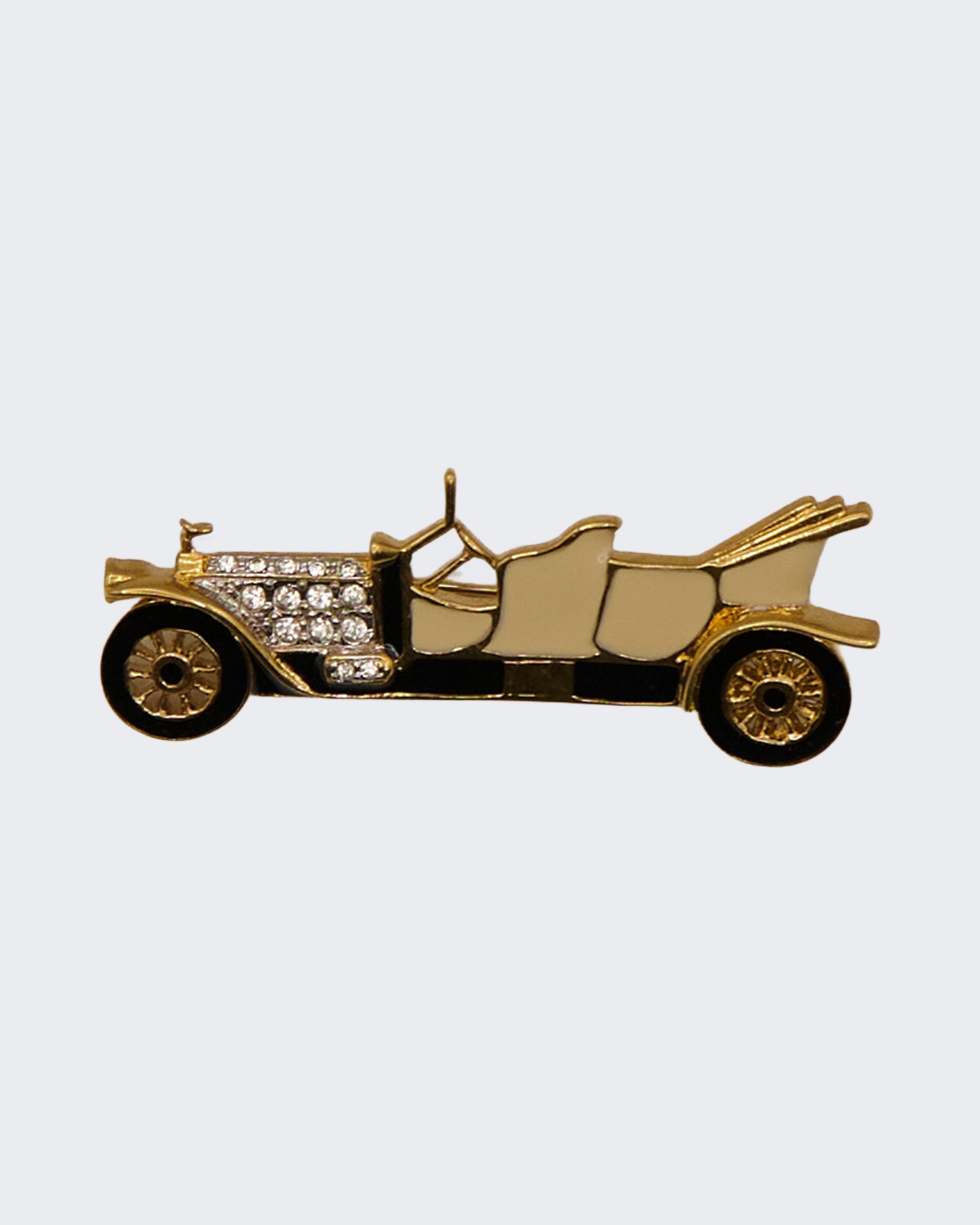 Spilla Vintage Auto d’Epoca Placcata Oro con Smalti e Cristalli – Stile Edwardiano