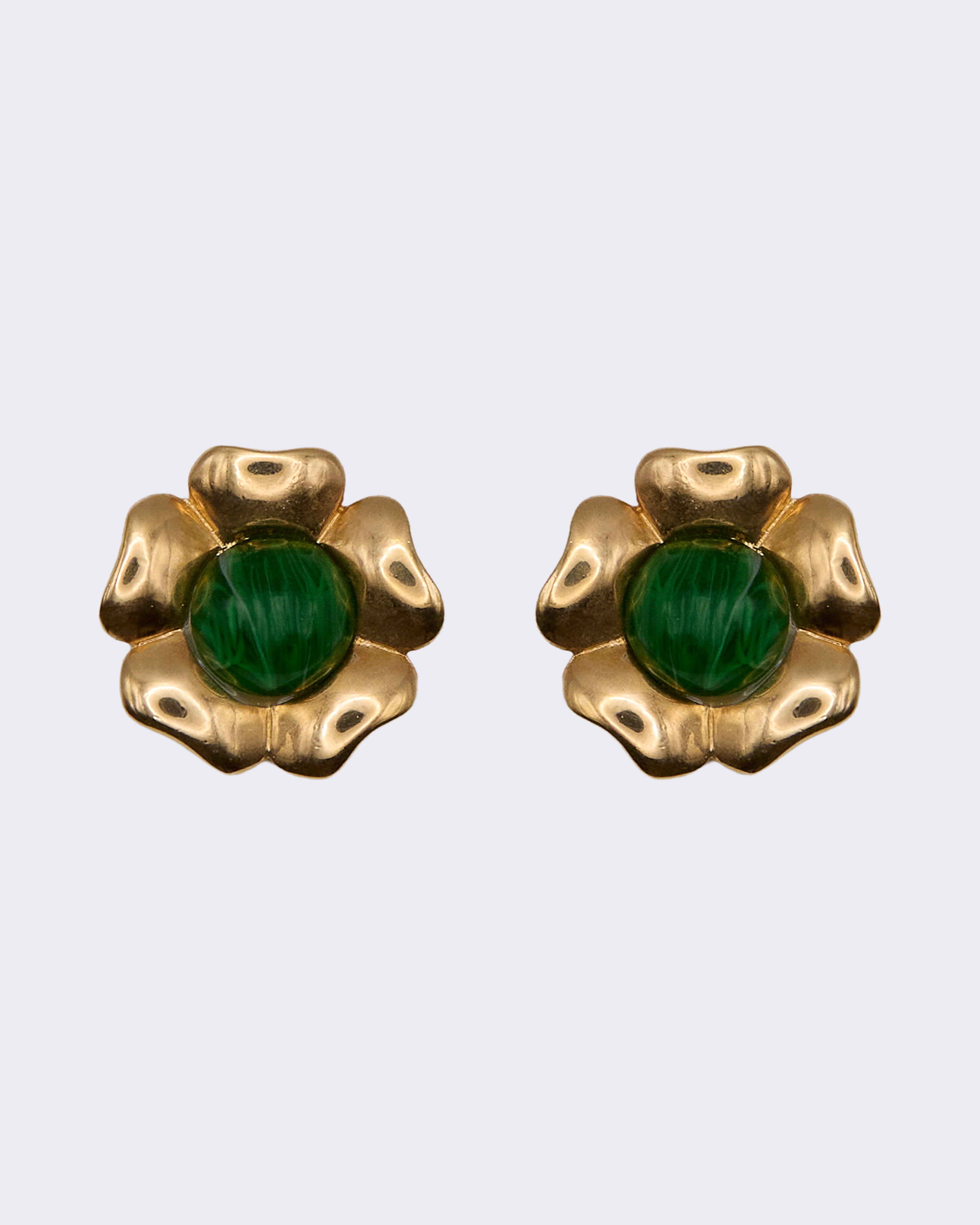 Orecchini Vintage Dorati a Fiore con Pietra Verde Stile Malachite – Anni 80