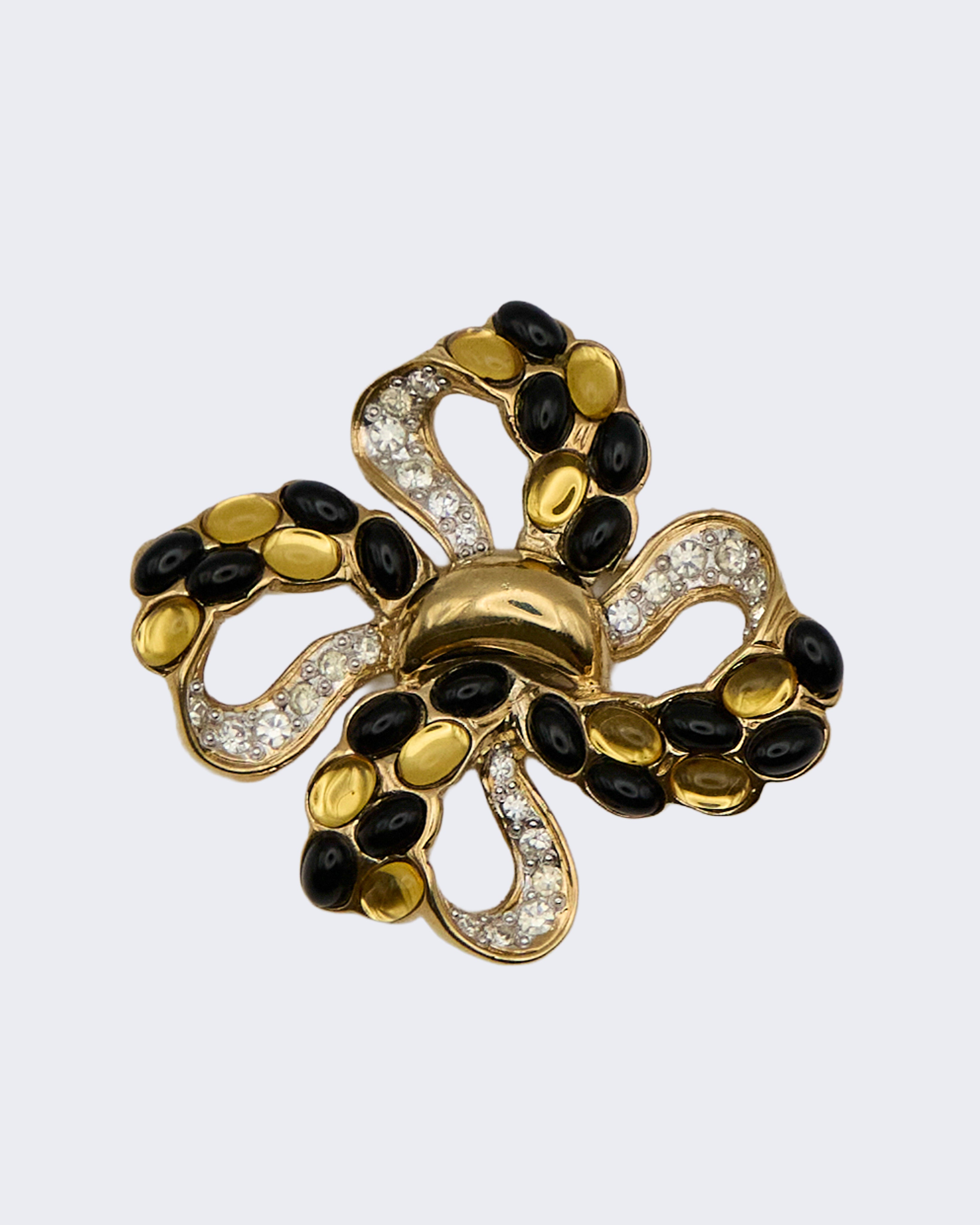 Vintage Gold-Tone Brooch with Black Enamel and Rhinestones – Flower/Clover Style
