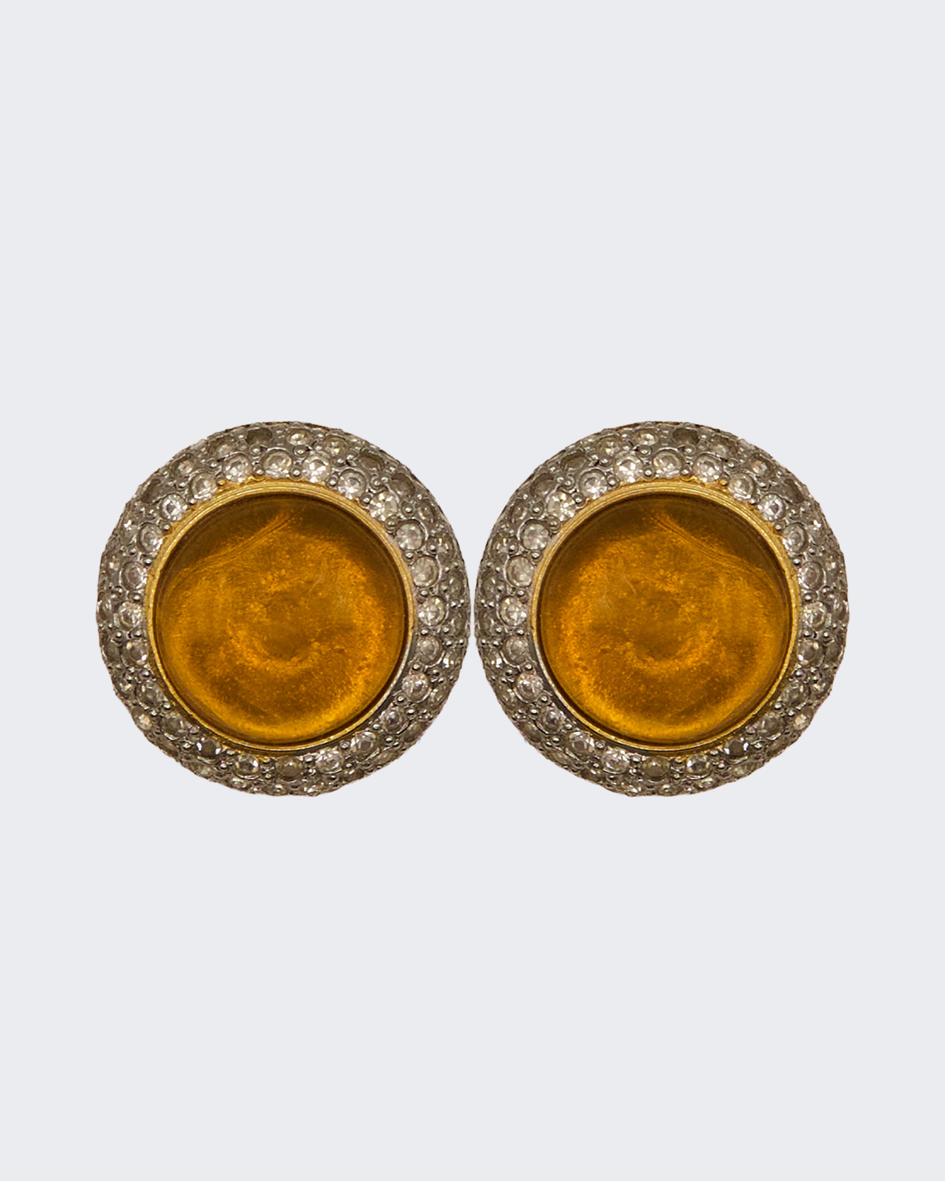 Orecchini Vintage Placcati Oro con Pietra Ambra e Strass – Design Rotondo, Stile Antico