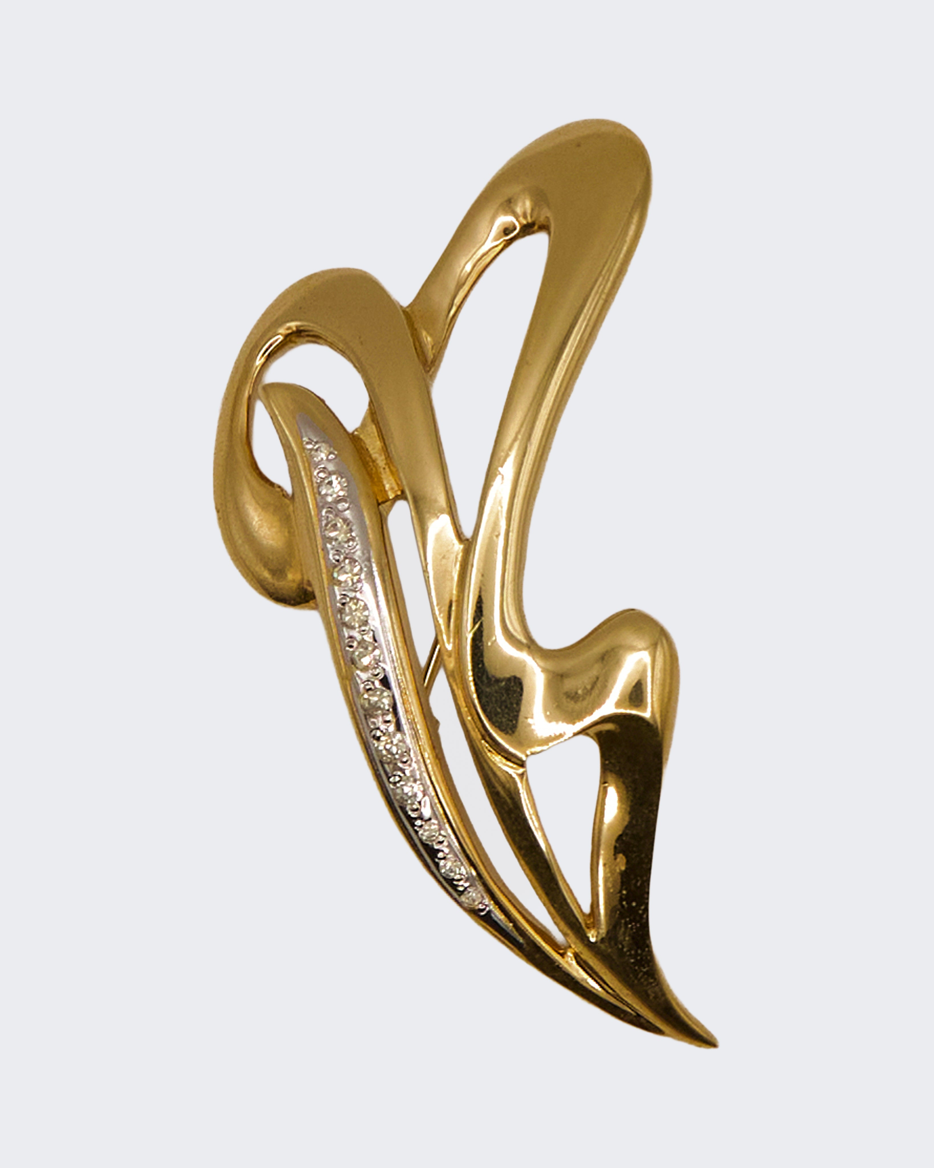 Spilla Vintage Placcata Oro Design Astratto a Volute con Strass