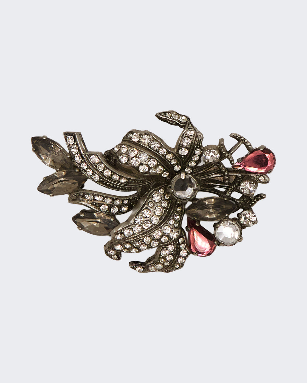 Spilla Vintage Floreale/Insetto con Cristalli Trasparenti e Pietre Rosa – Metallo Brunito