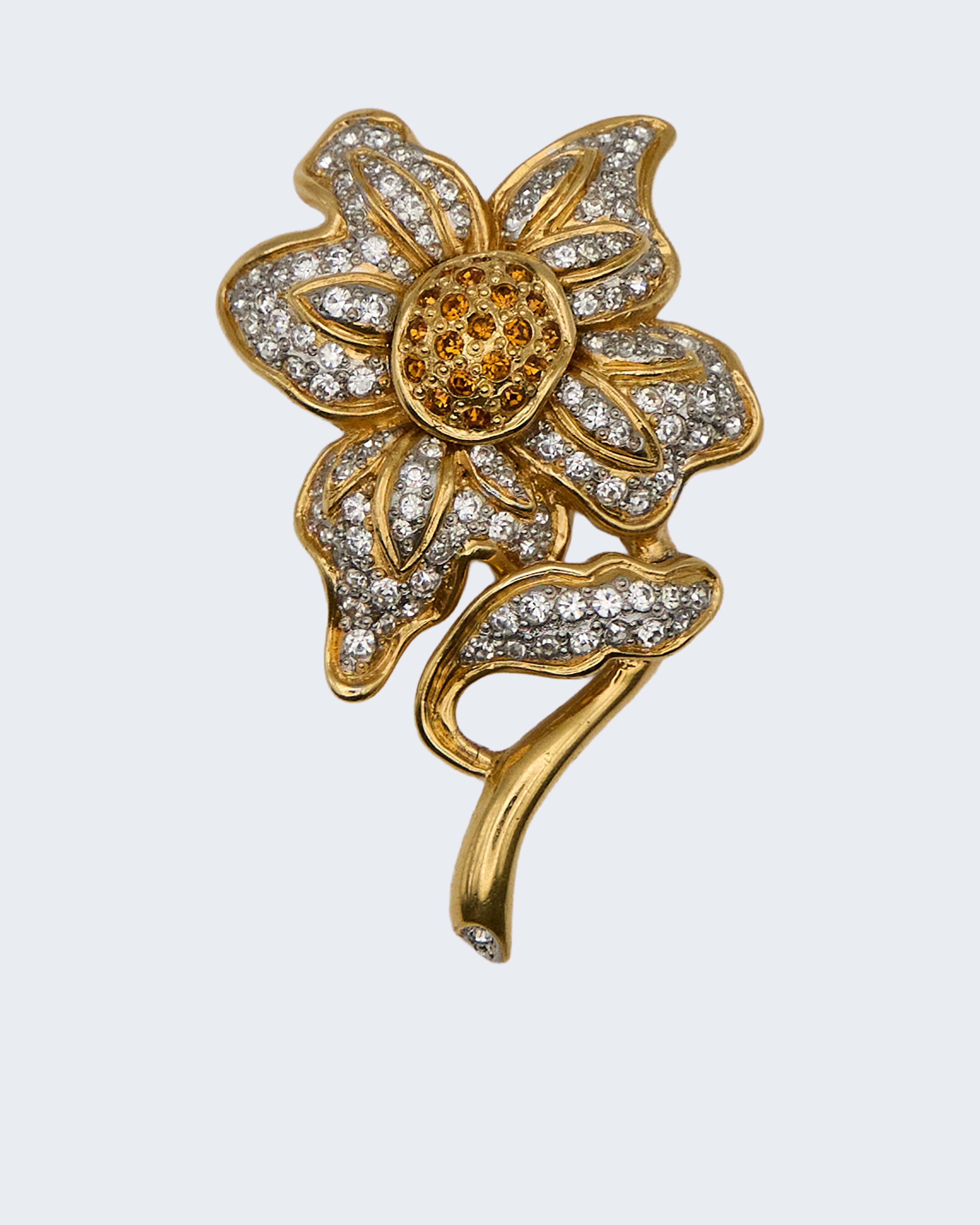 Vintage Gold Plated Floral Brooch with White and Amber Rhinestones – 1960s