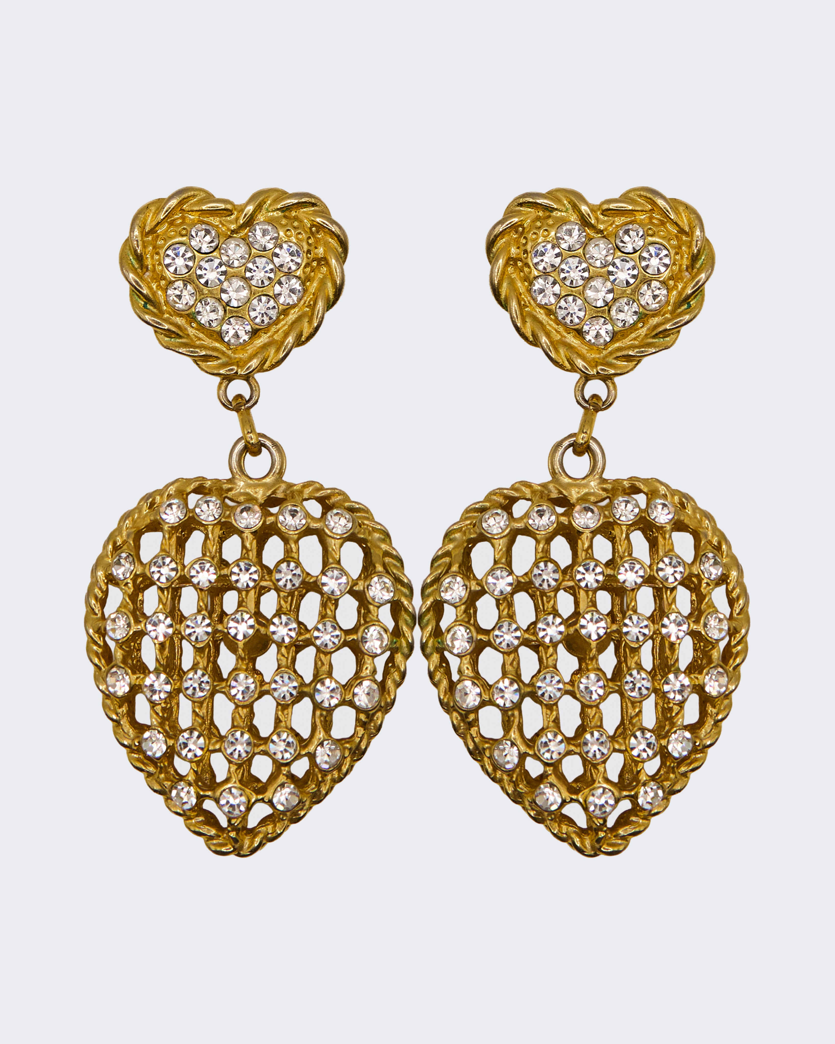 Orecchini Pendenti Vintage a Clip a Forma di Cuore – Metallo Dorato con Strass