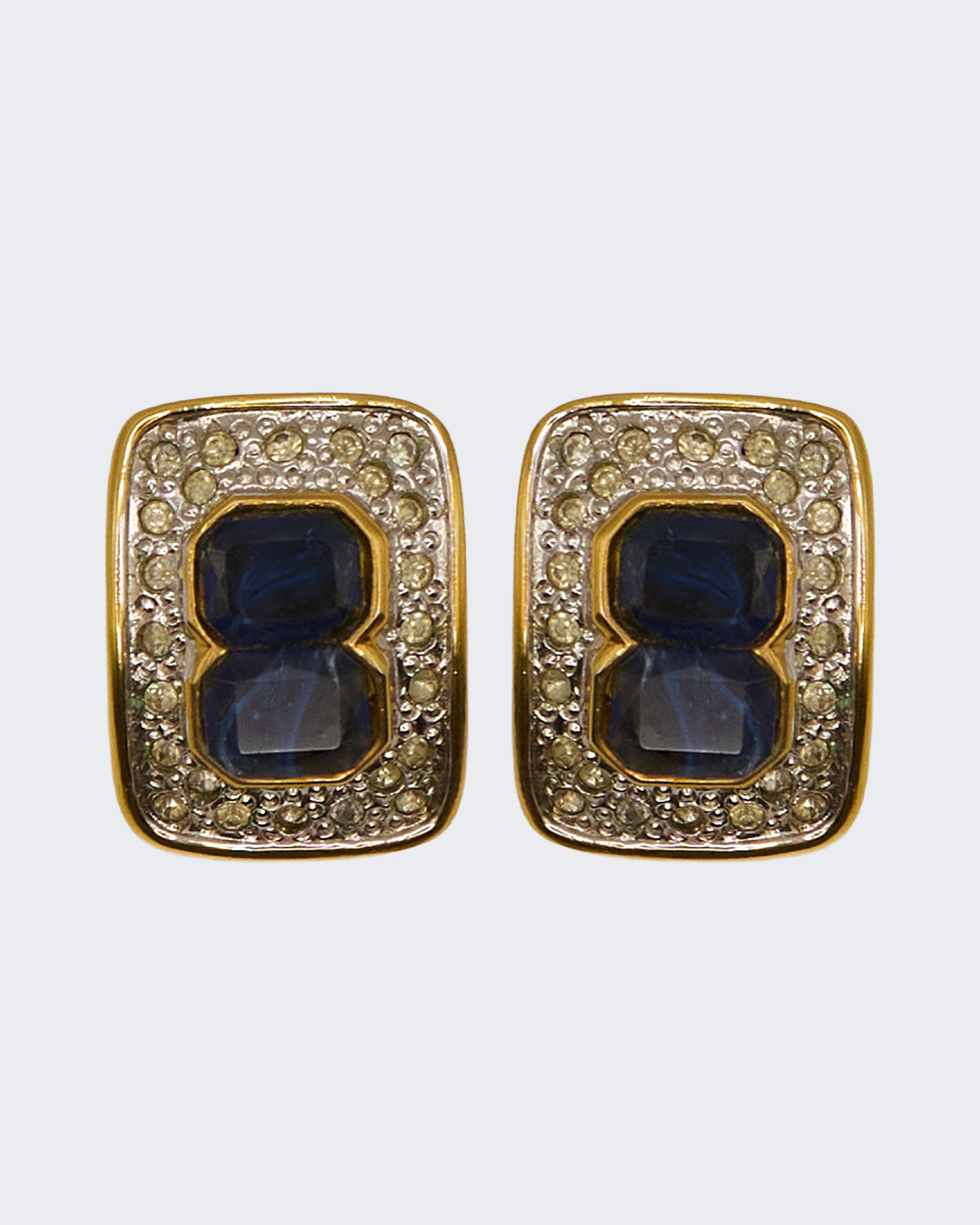 Orecchini Vintage a Clip con Cristallo Zaffiro e Pavé di Cristalli – Placcati Oro, Anni ’80
