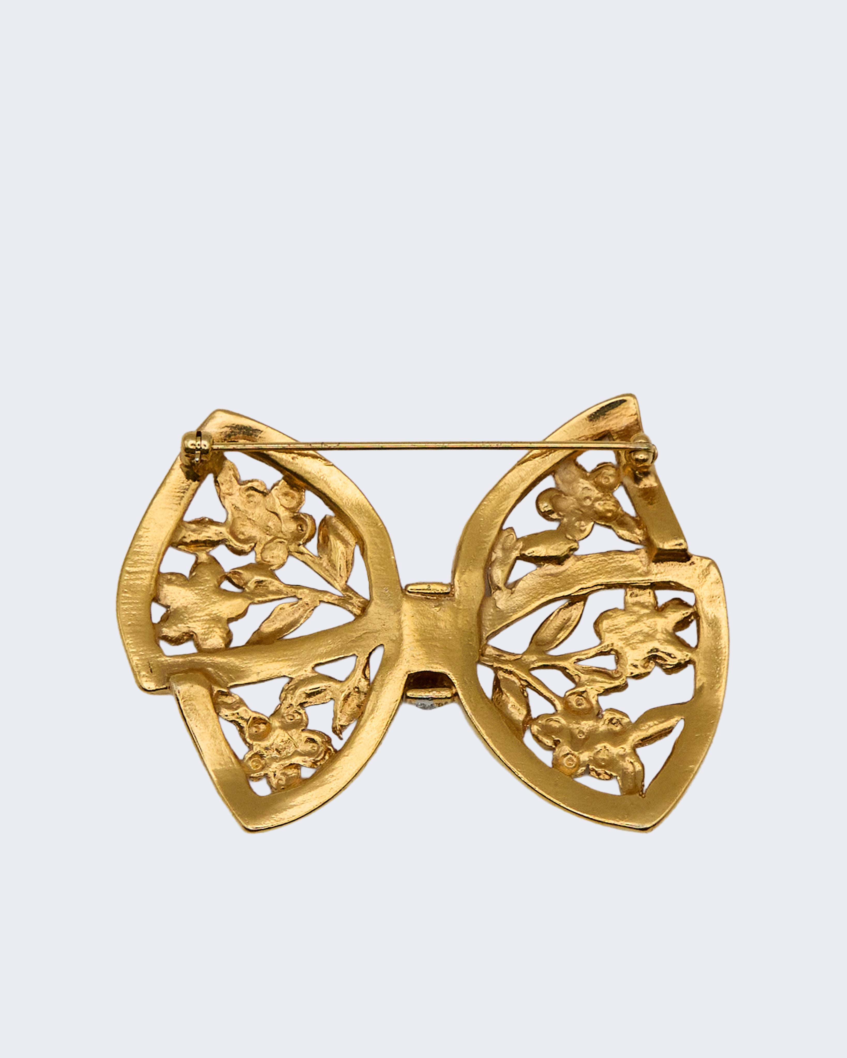 Vintage Gold Metal Multicolor Rhinestone Bow Brooch – 1980s–1990s