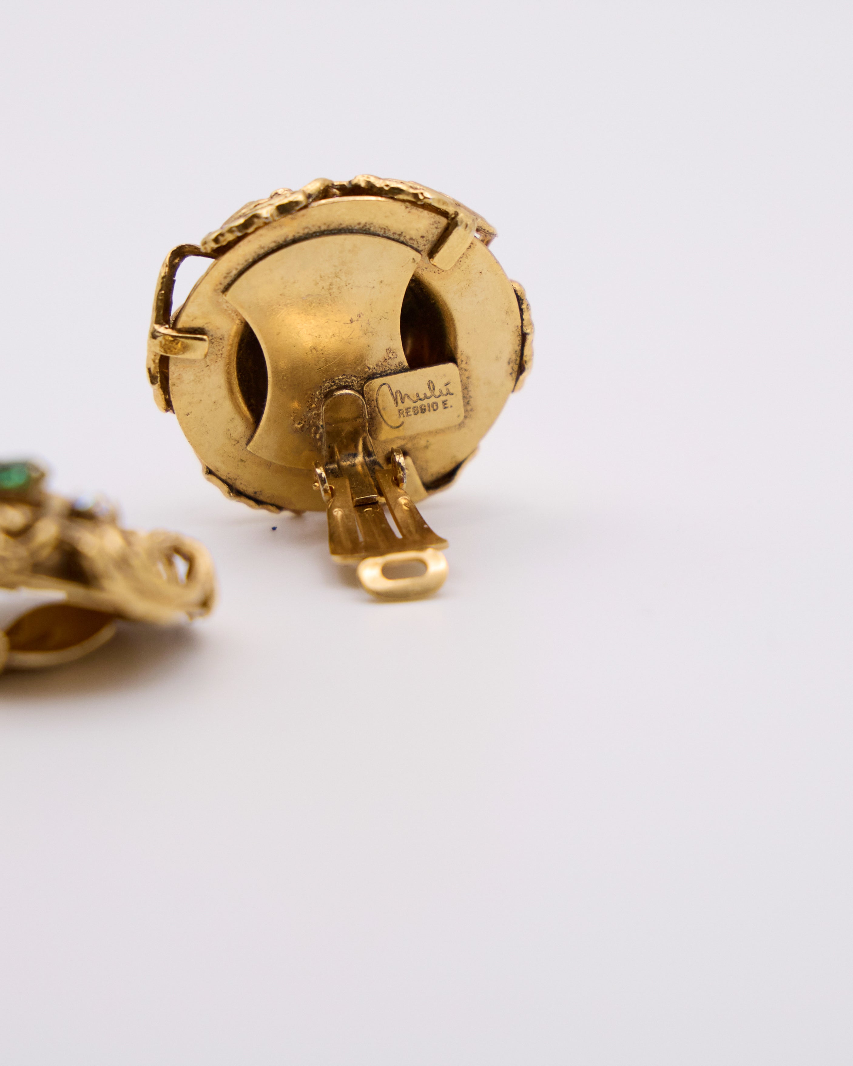 Orecchini Vintage Mulù Reggio E. Dorati con Cristalli Verdi e Strass