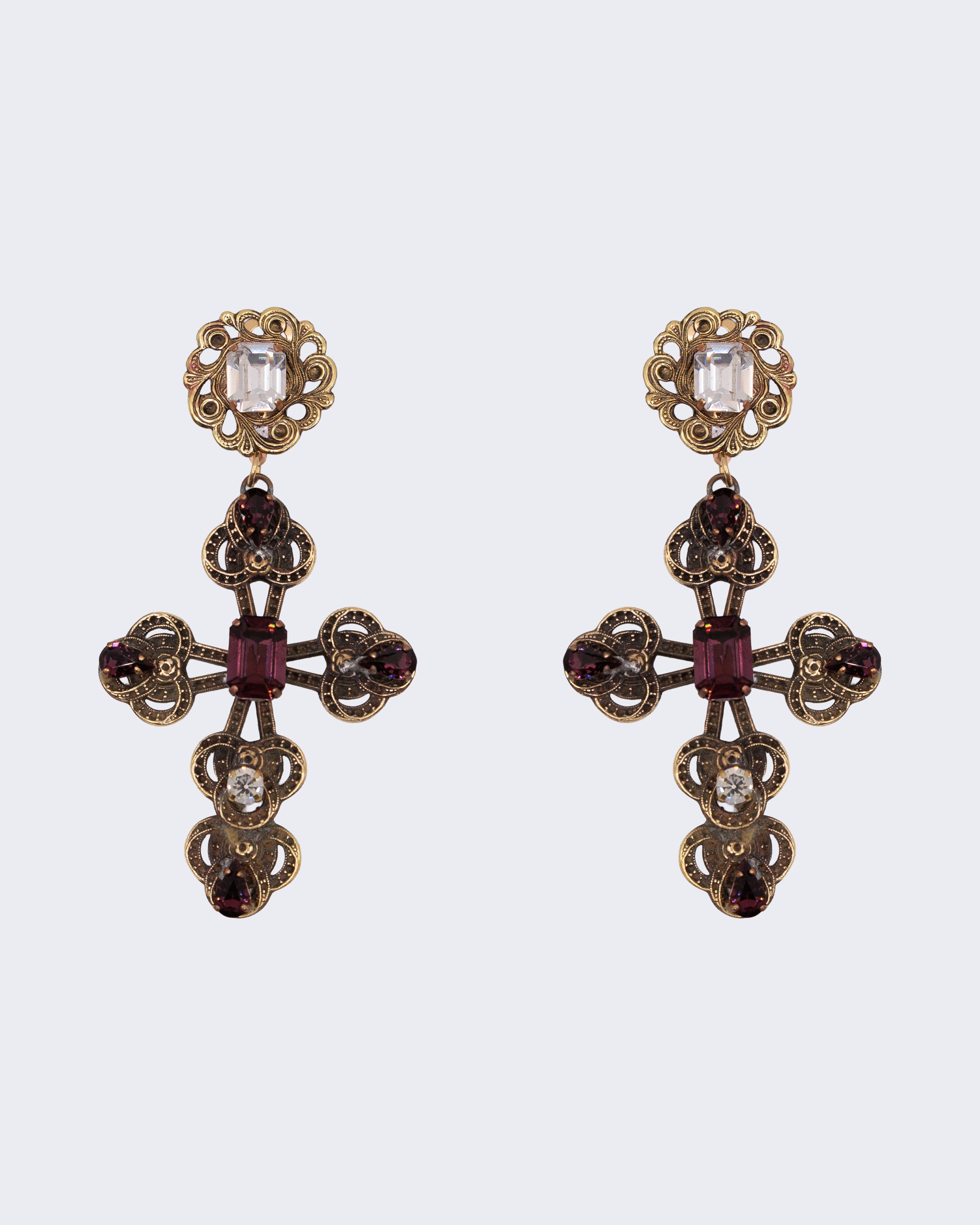 Orecchini Vintage Pendenti a Croce con Pietre Rosse e Strass – Orecchini Lunghi Donna