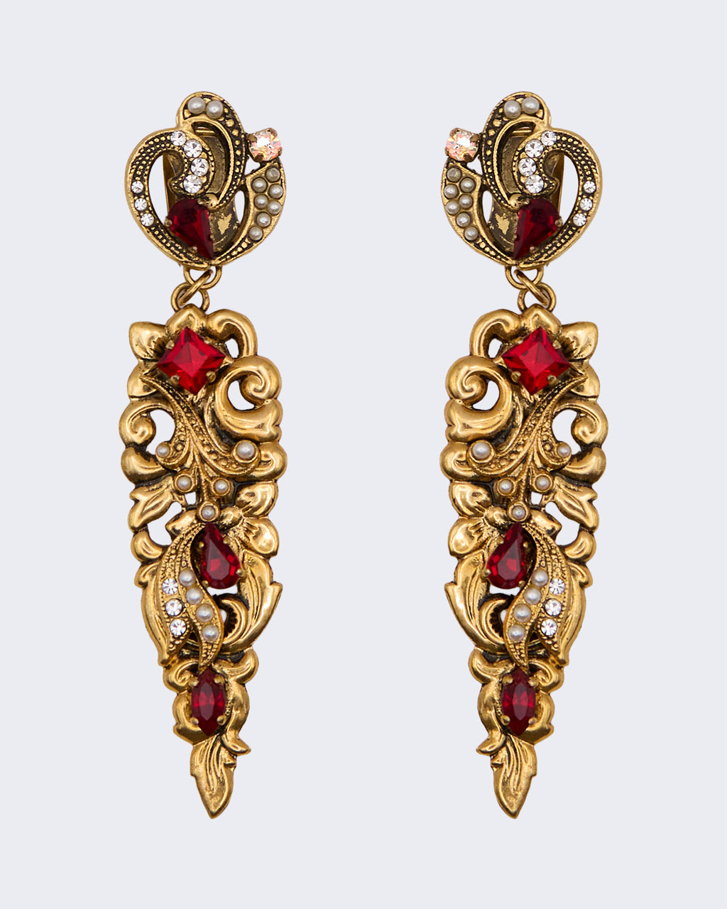 Orecchini Vintage Mulù Reggio E. Pendenti Barocchi con Strass Rossi e Perline