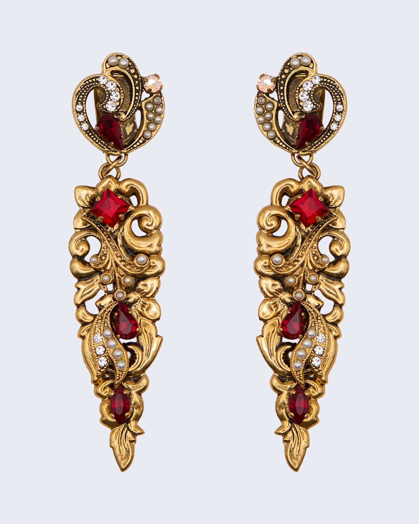 Orecchini Vintage Mulù Reggio E. Pendenti Barocchi con Strass Rossi e Perline