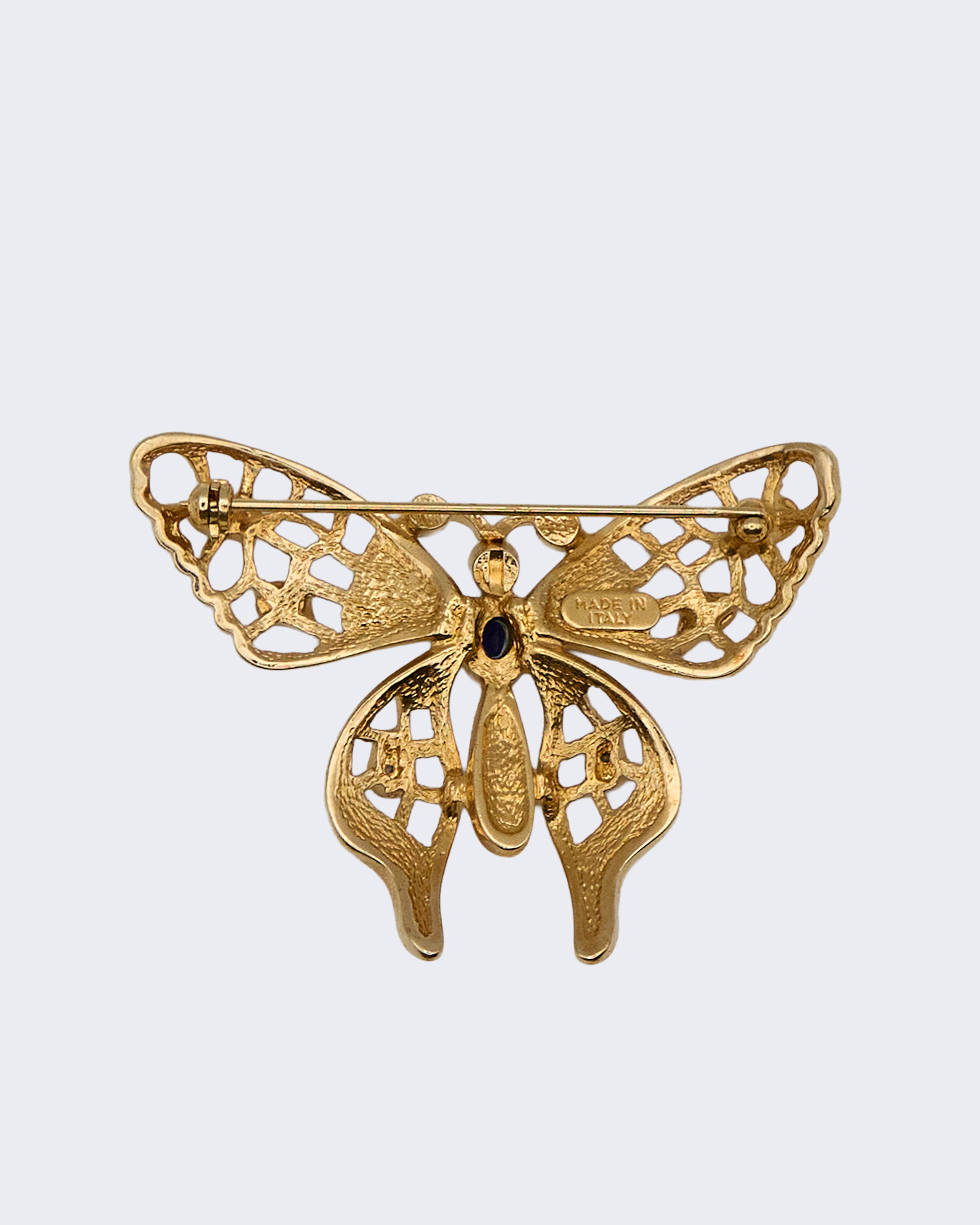 Vintage Gold-Plated Butterfly Brooch with Rhinestones and Center Stone – 1970s