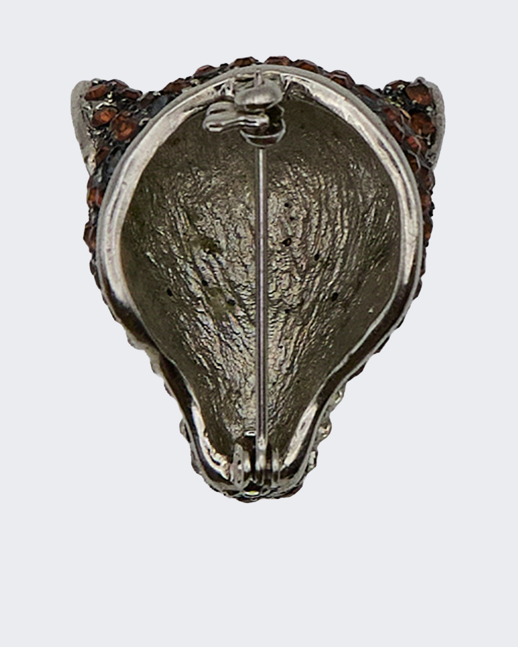 Spilla testa di volpe in strass marroni e bianchi – Accessorio elegante in metallo argentato