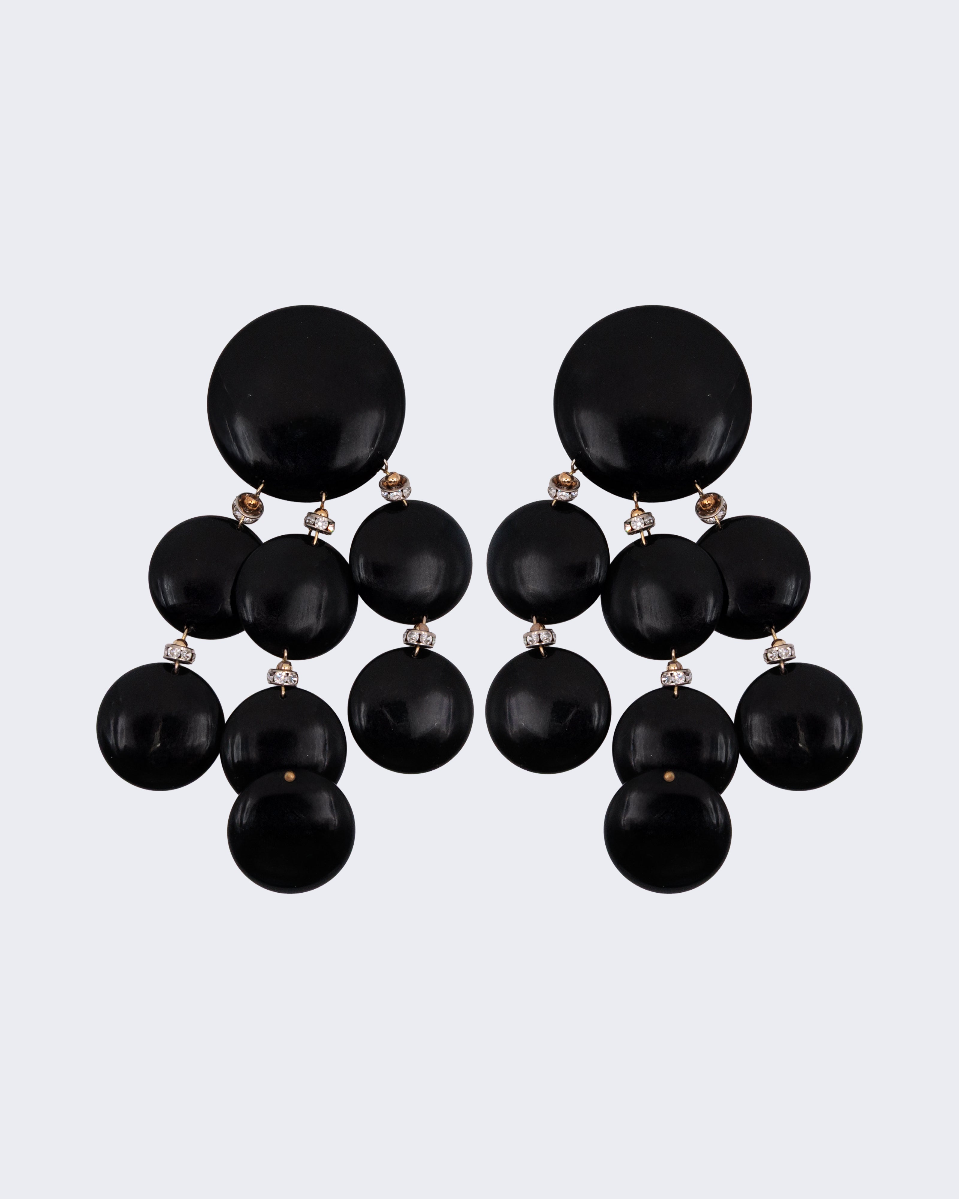 Orecchini vintage chandelier neri a dischi con strass, clip anni ’80 statement