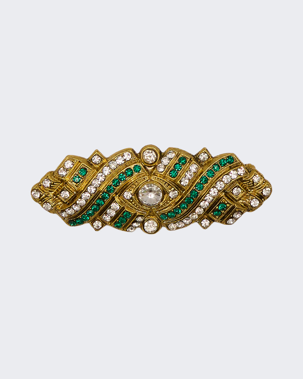 Spilla Vintage Art Déco Firmata Dueci Bijoux – Cristalli Verdi e Bianchi Dorati