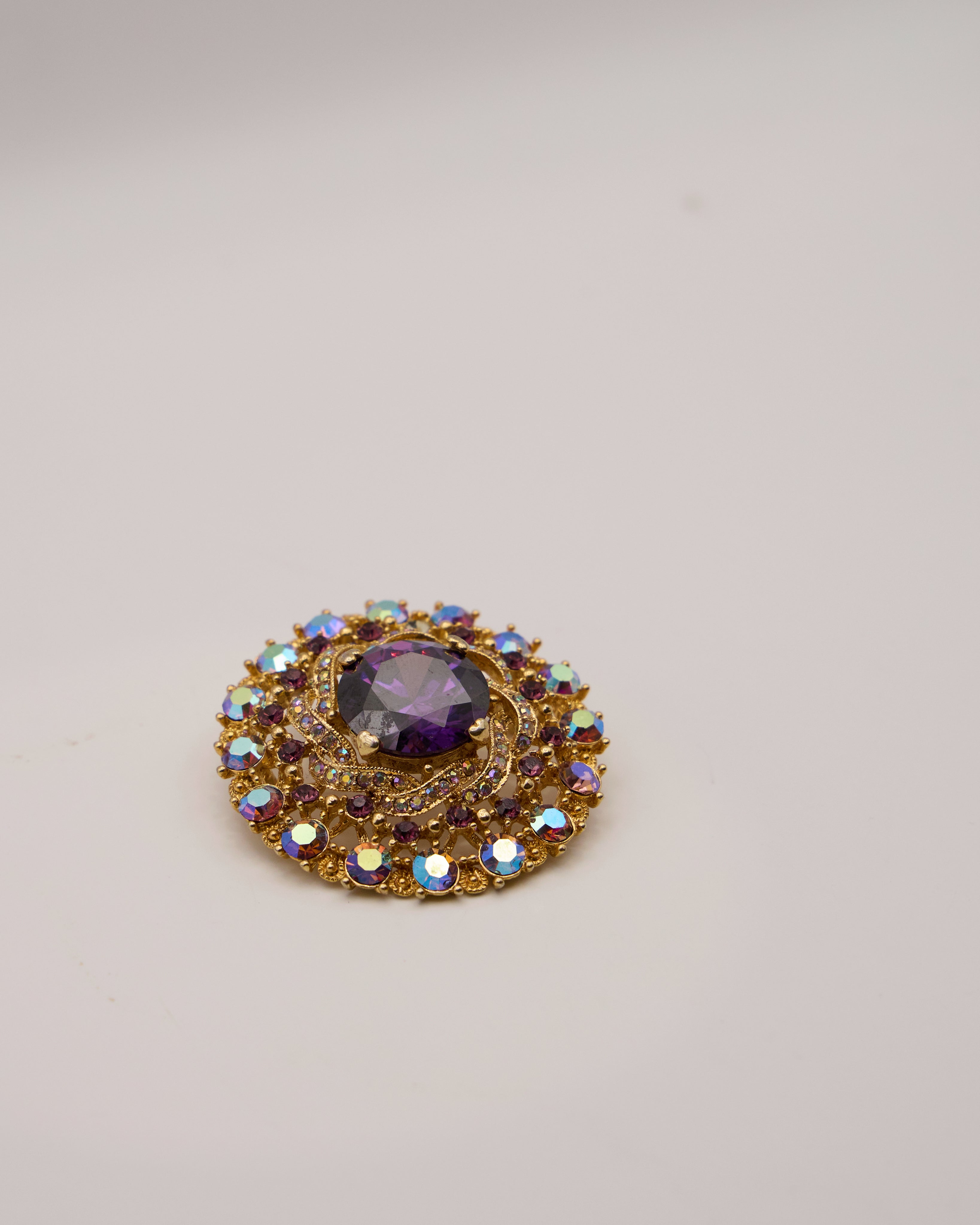 Vintage Gold Plated Brooch with Purple Crystal and Multicolored Rhinestones