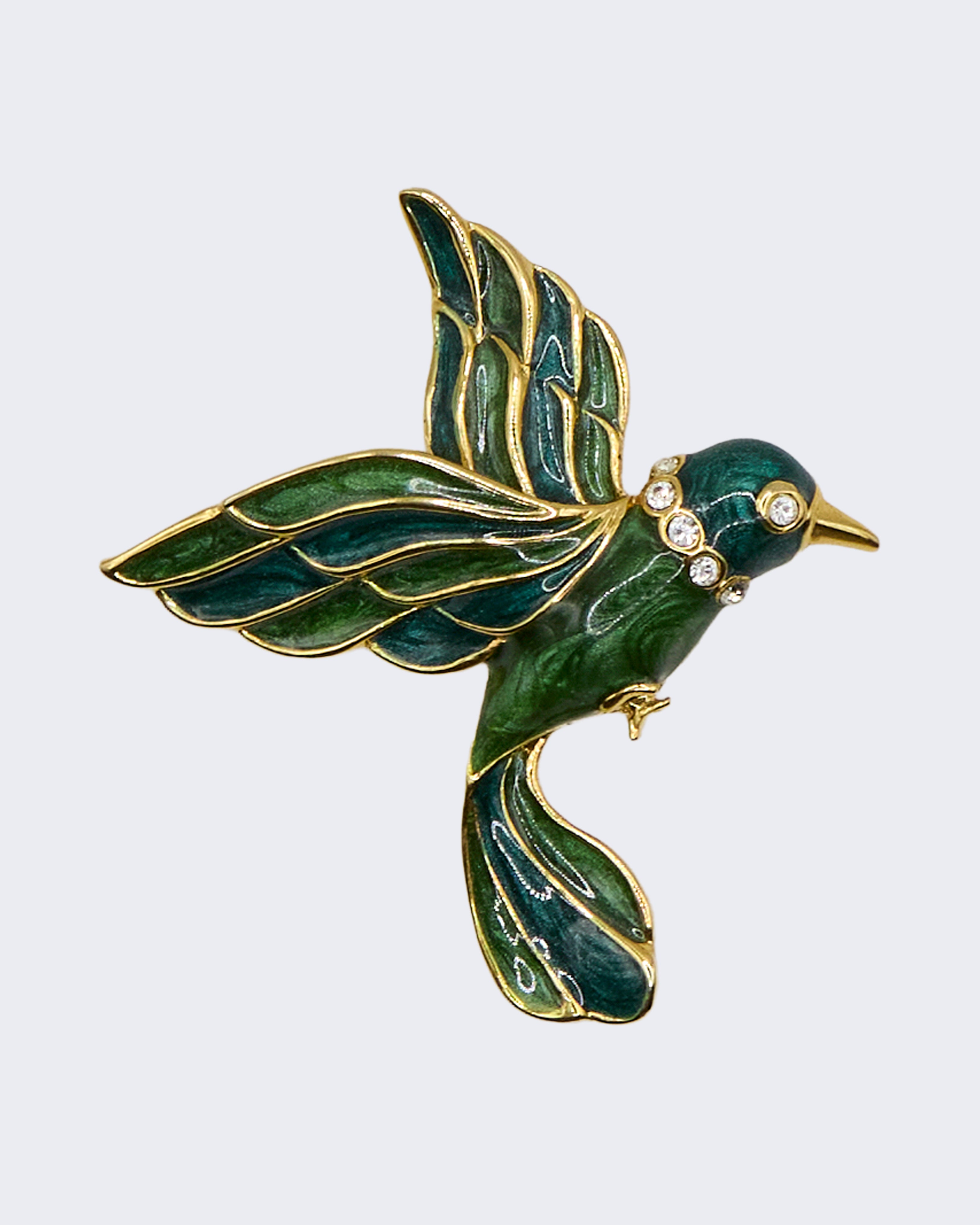 Spilla Vintage Uccello Verde Smaltato con Strass – Brooch Figurativa Anni ’80